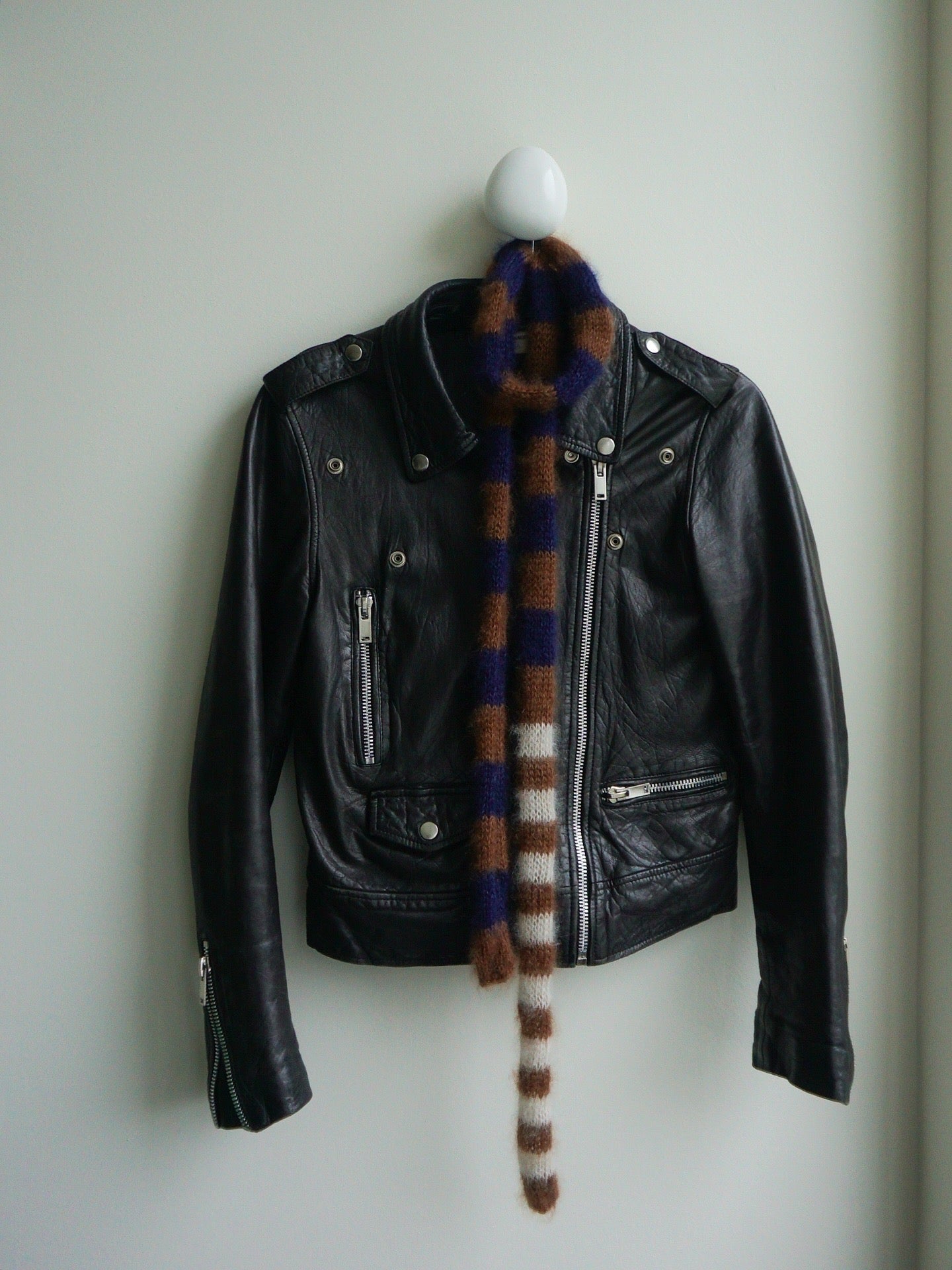 Small skinny mohair scarf blue brown ecru stripes