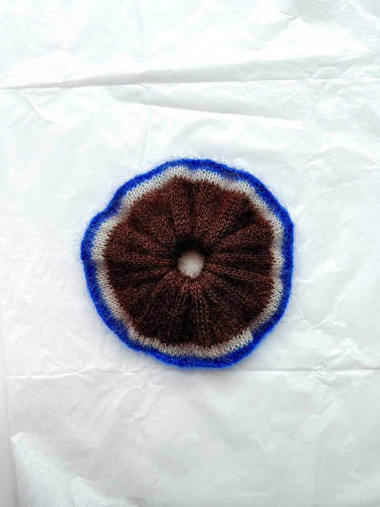 Brown knitted mohair scrunchie with bright blue trim