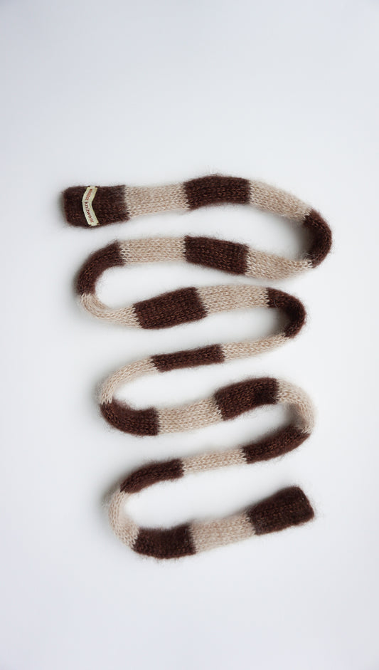 Small skinny mohair scarf sand dark brown stripes