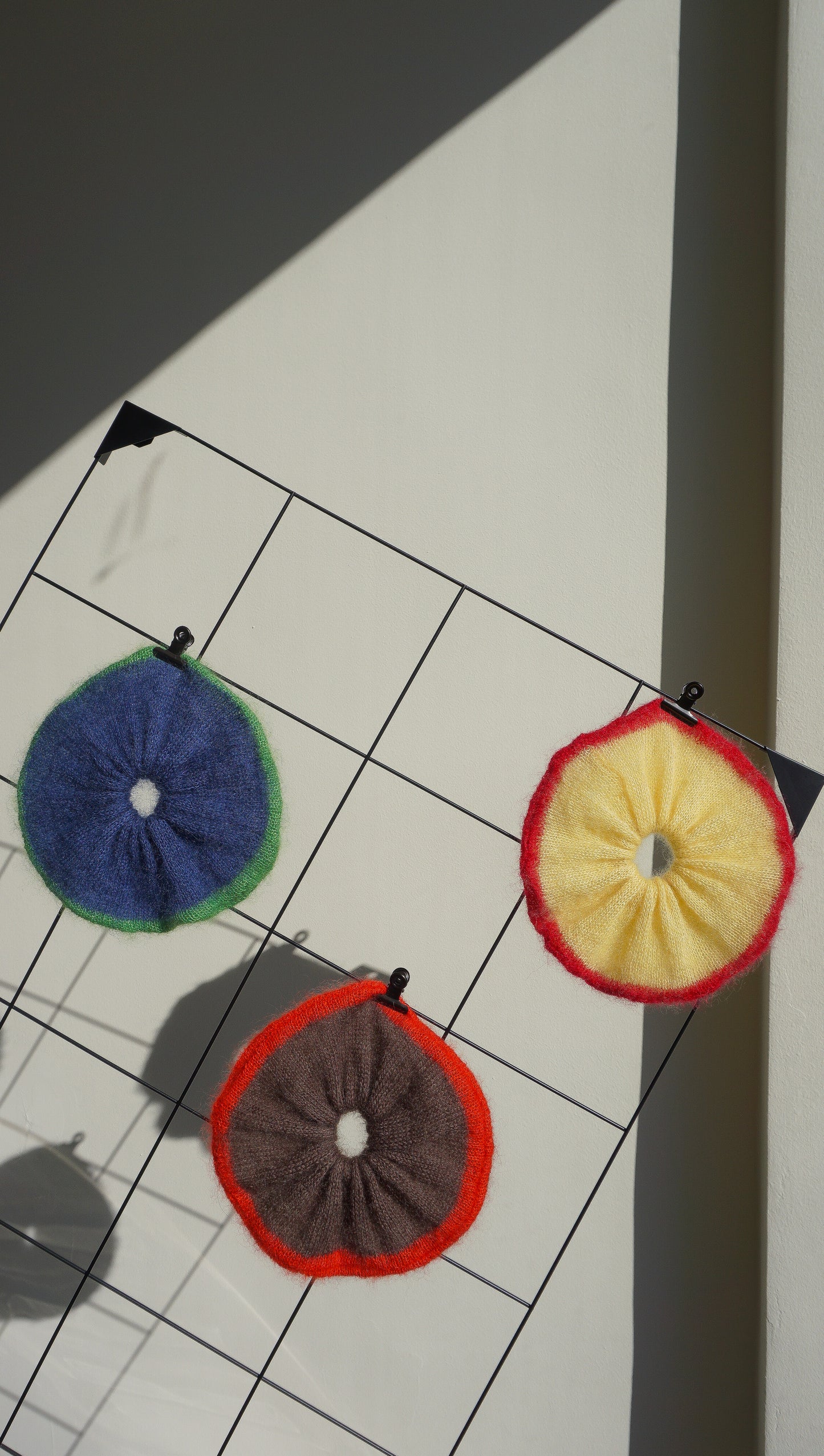 Blue knitted mohair scrunchie with bright green trim