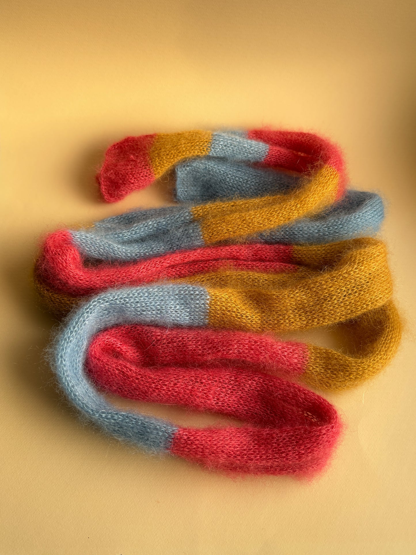 Skinny mohair scarf blue pink and dark yellow stripes
