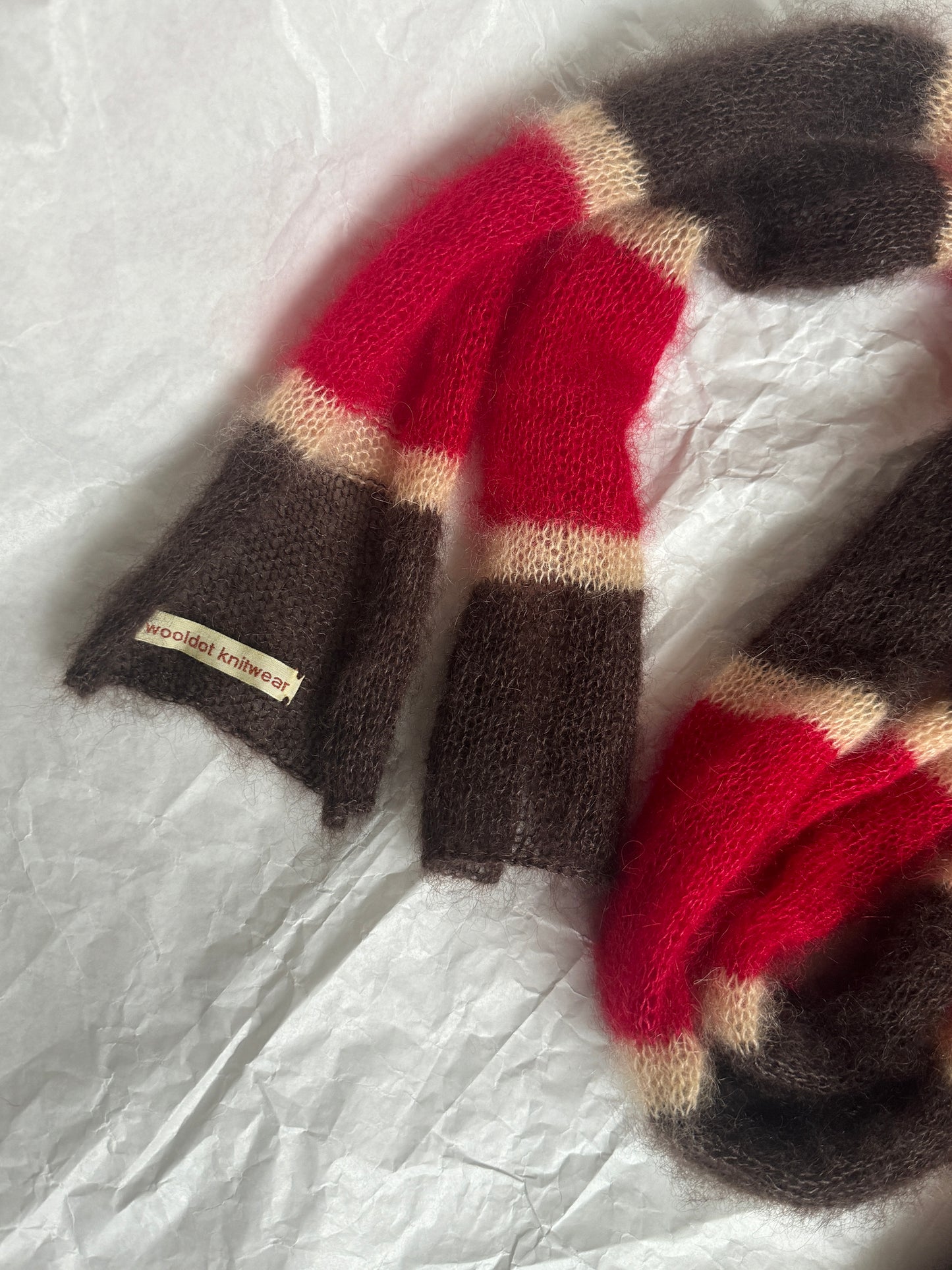 Skinny long mohair scarf in brown red and yellow stripes