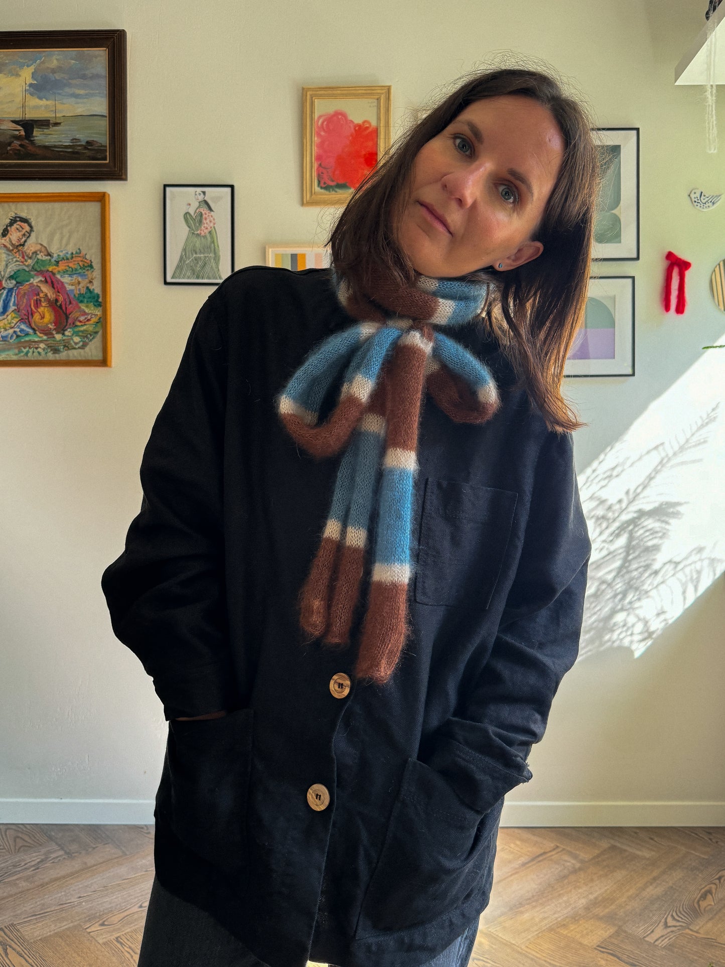 Skinny long mohair scarf in brown blue and ecru stripes