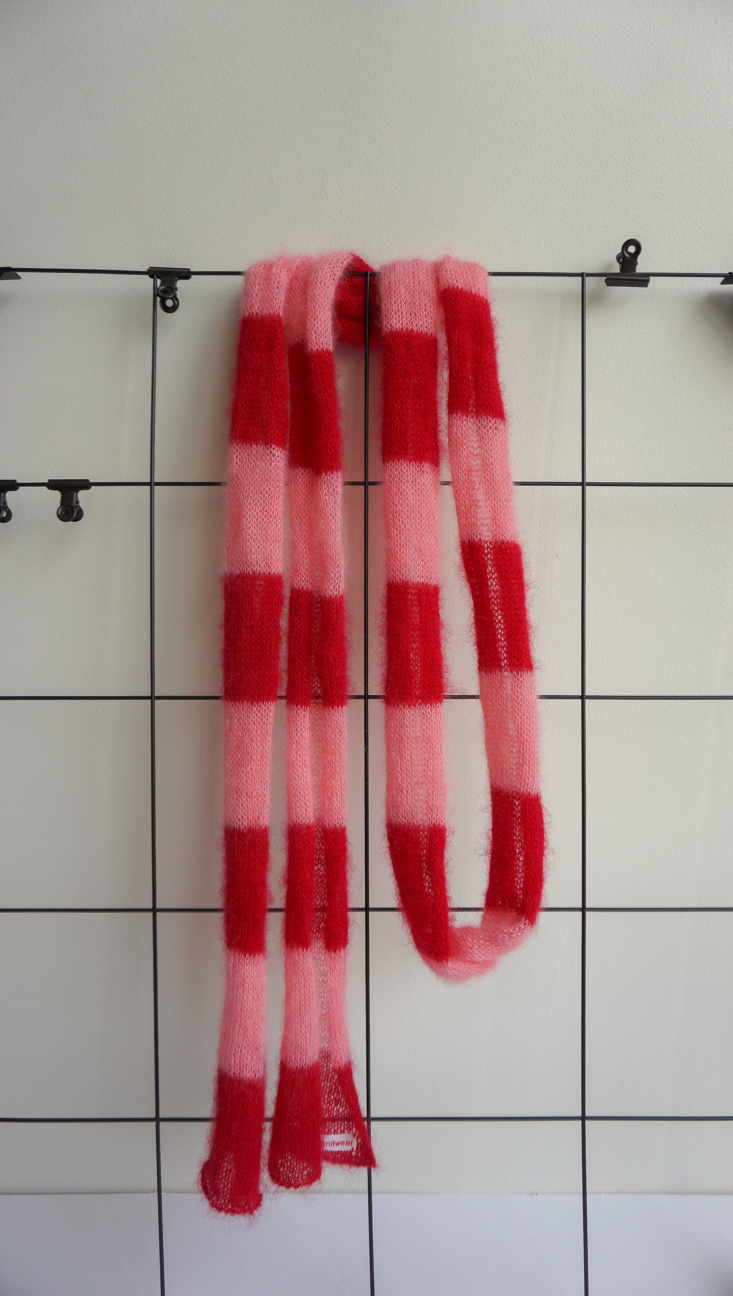 Skinny long mohair scarf red and pink stripes
