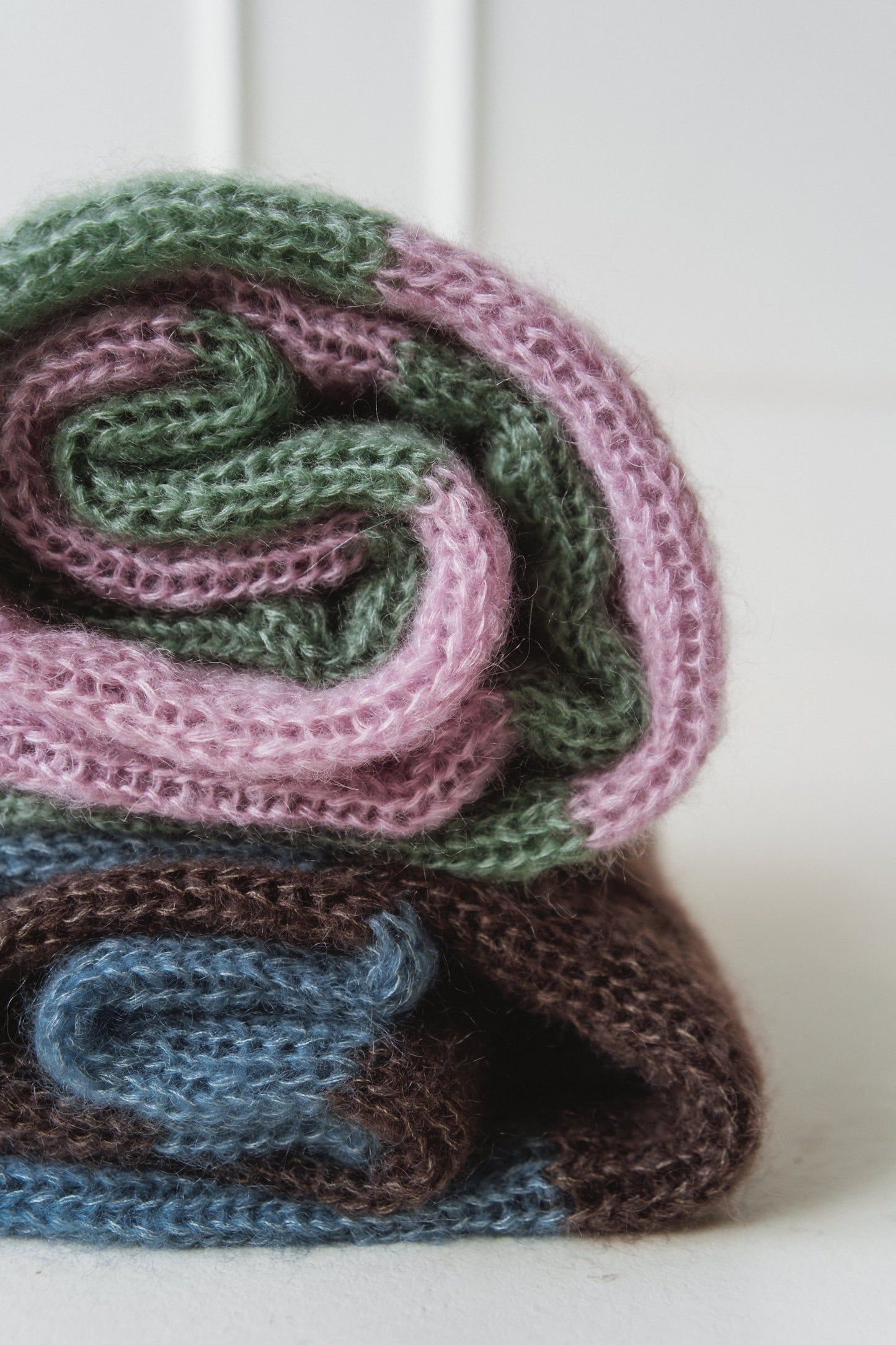 big soft mohair scarf wide stripes green and rose pink