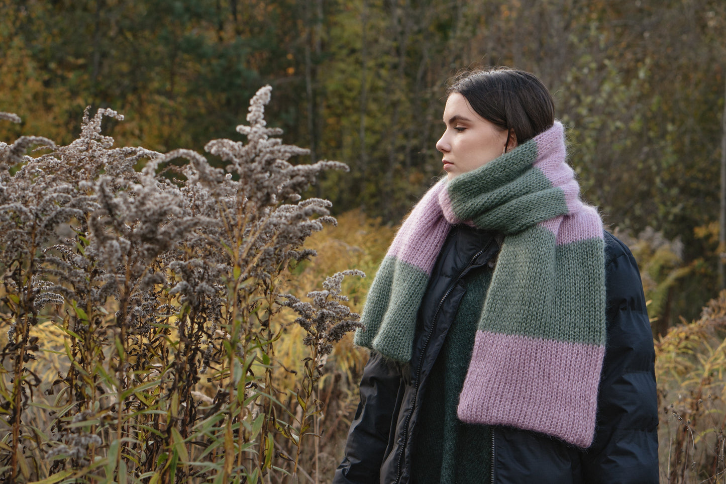 big soft mohair scarf wide stripes green and rose pink