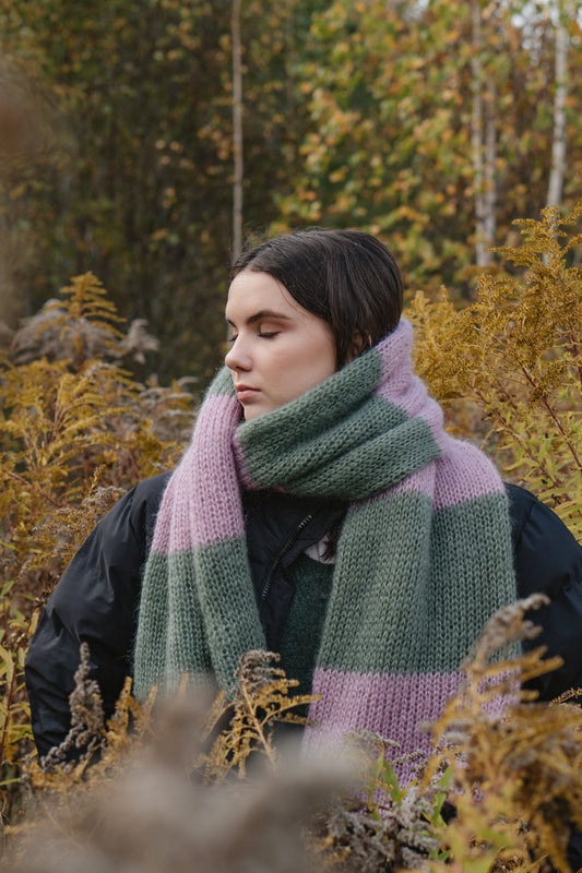 big soft mohair scarf wide stripes green and rose pink