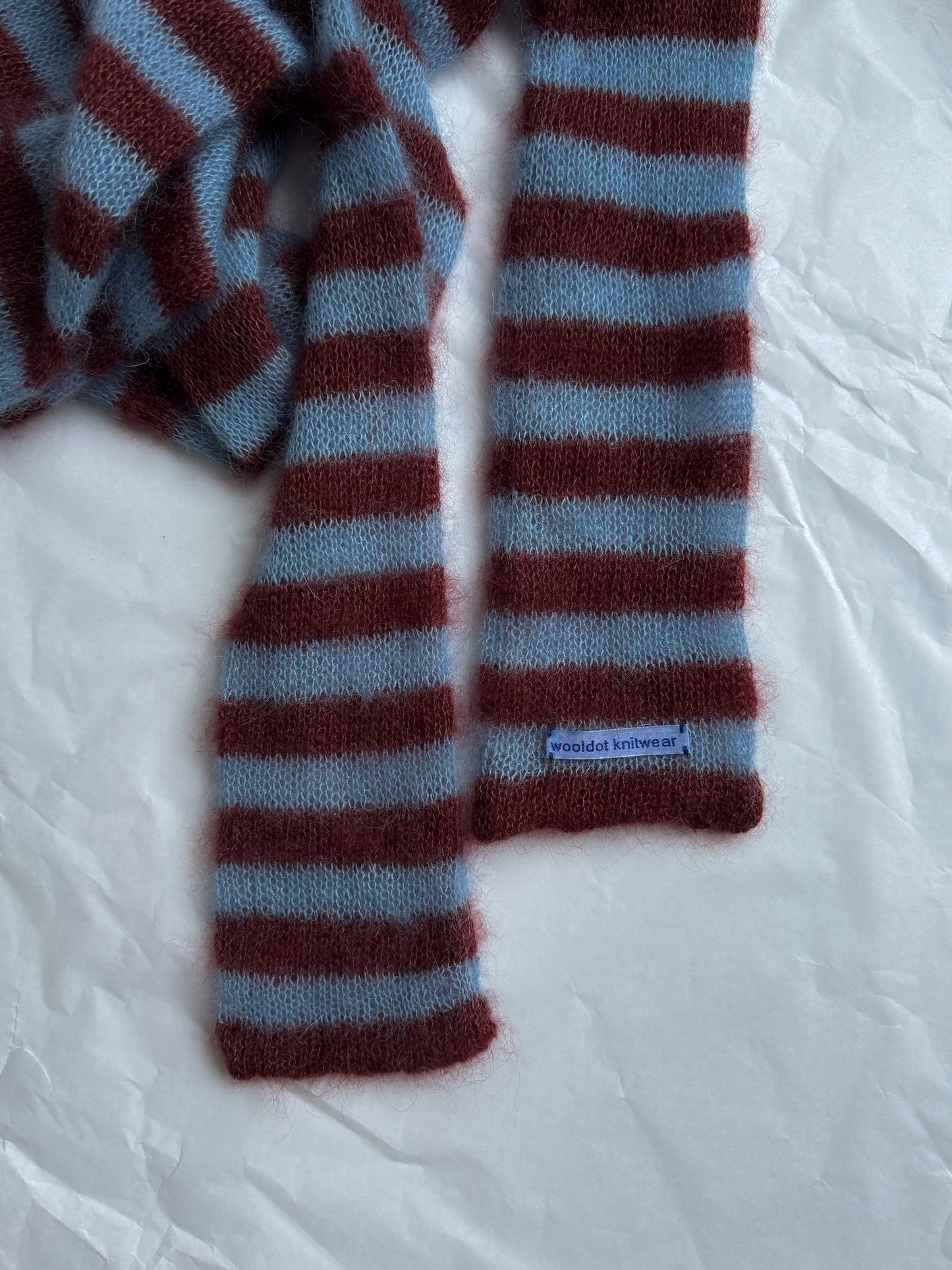 Skinny long mohair scarf burgundy and light blue stripes