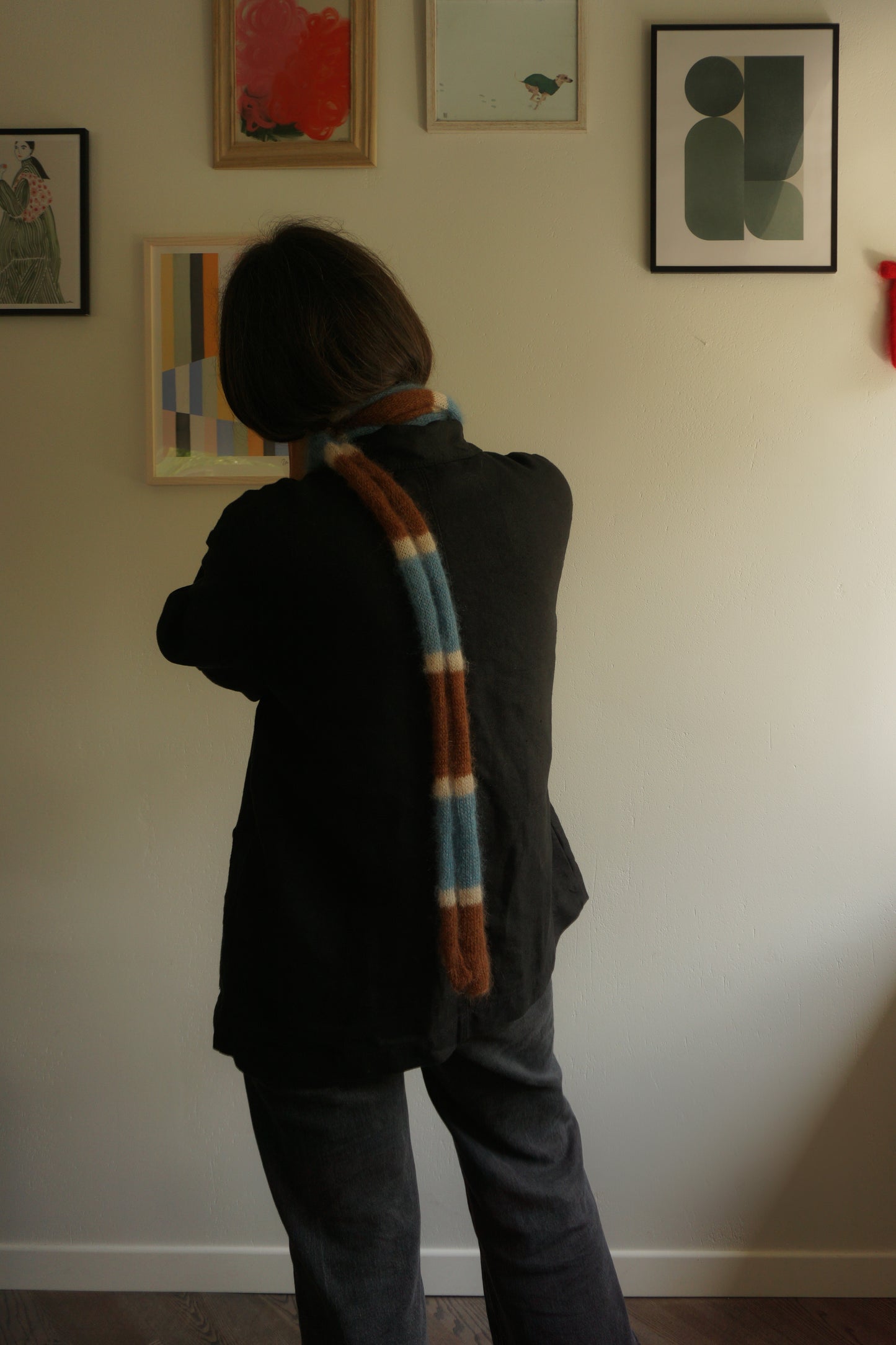 Skinny long mohair scarf in brown blue and ecru stripes