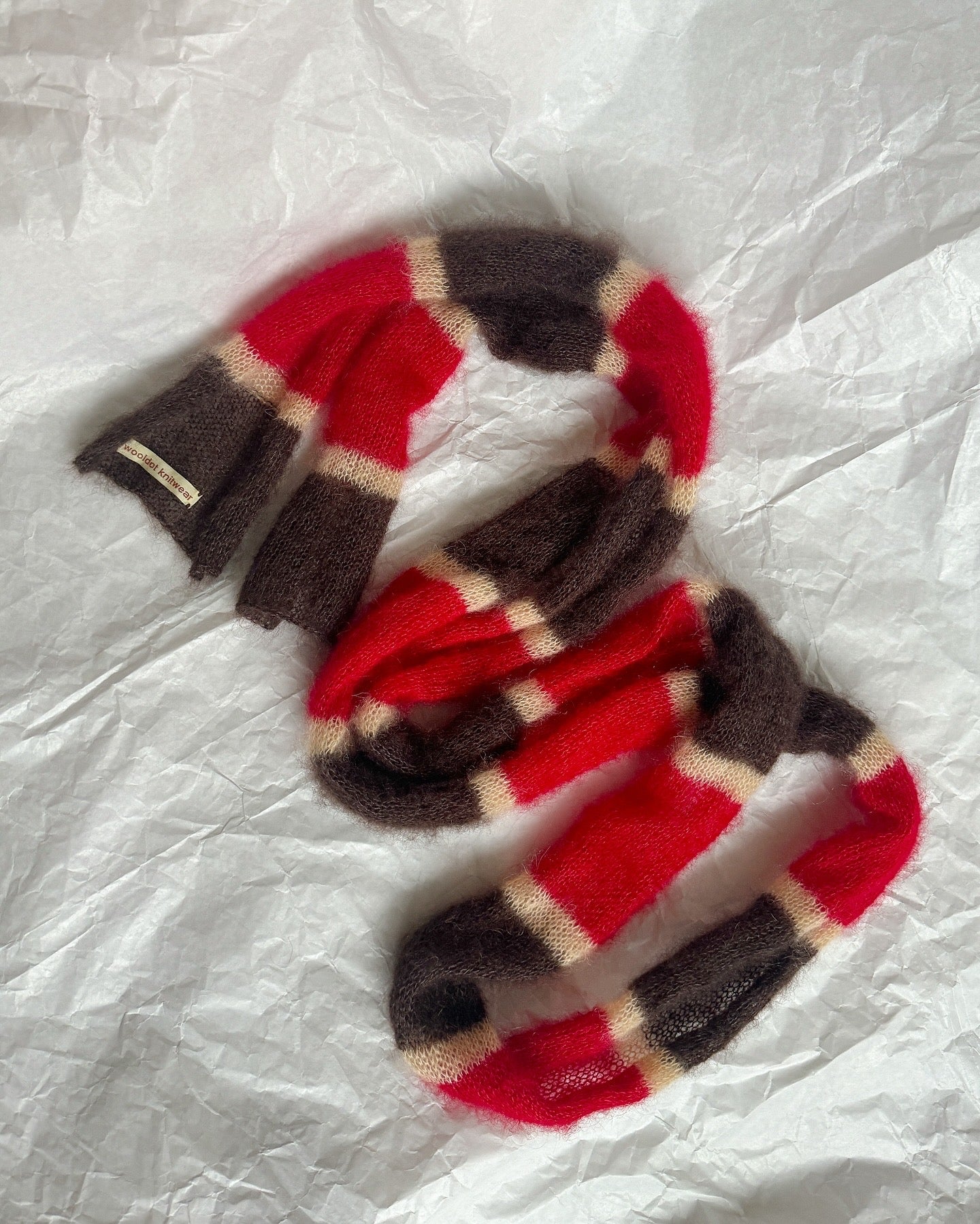 Skinny long mohair scarf in brown red and yellow stripes