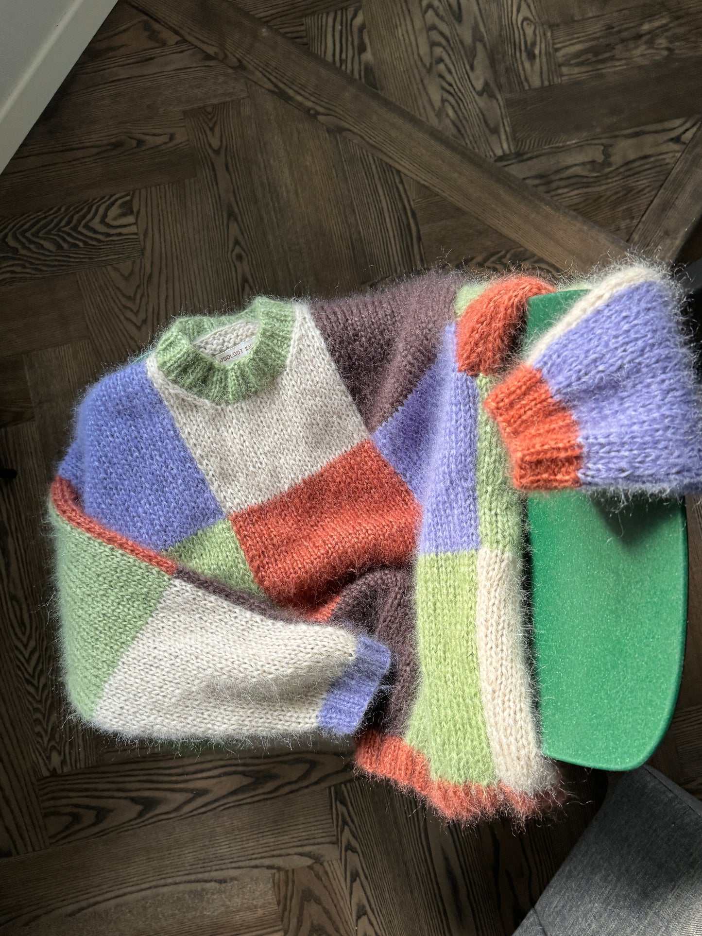 Knitted mohair sweater in green brown and purple squares