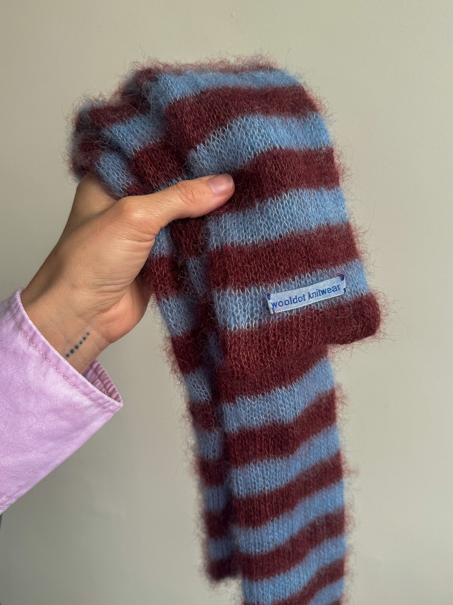 Skinny long mohair scarf burgundy and light blue stripes