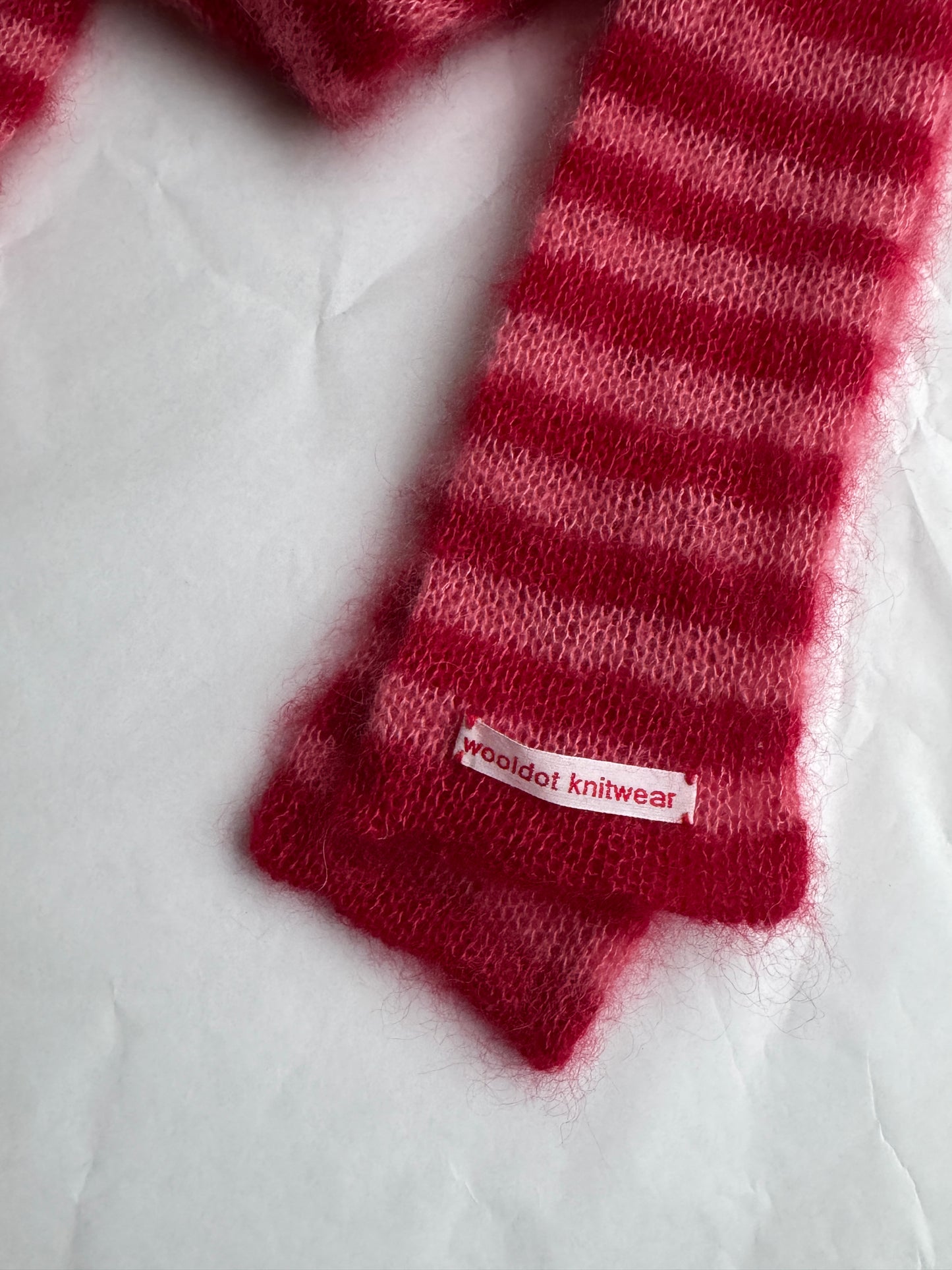Skinny long mohair scarf red and pink stripes