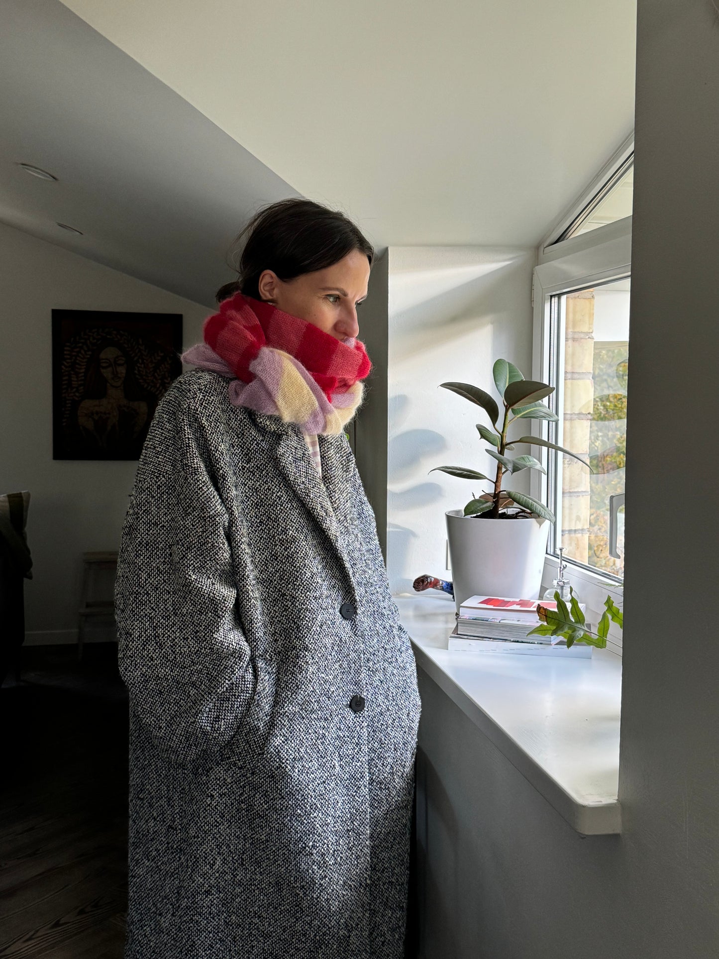 Thin wide mohair scarf in yellow and pink red shades