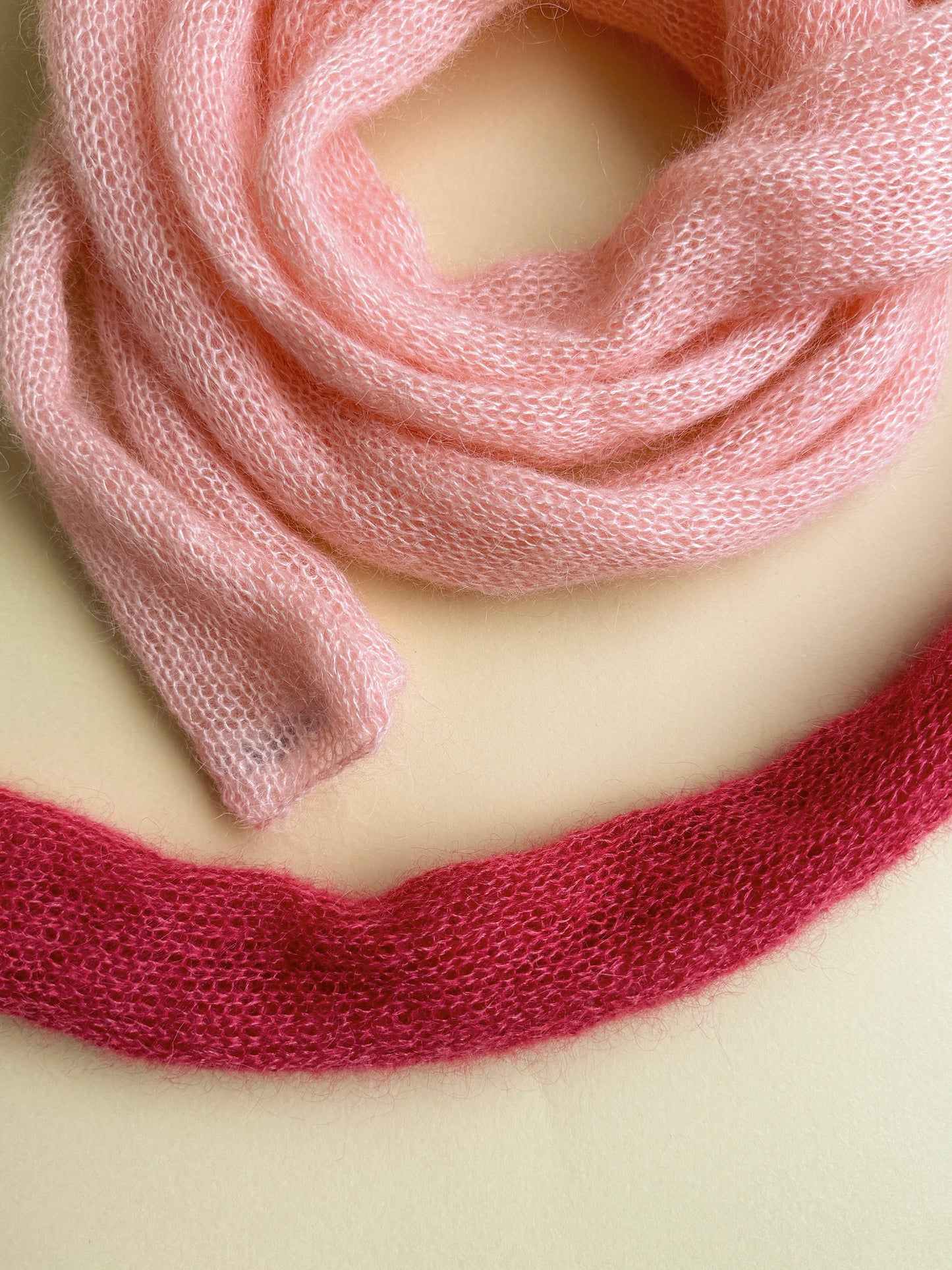 Skinny mohair scarf in peach and strawberry pink