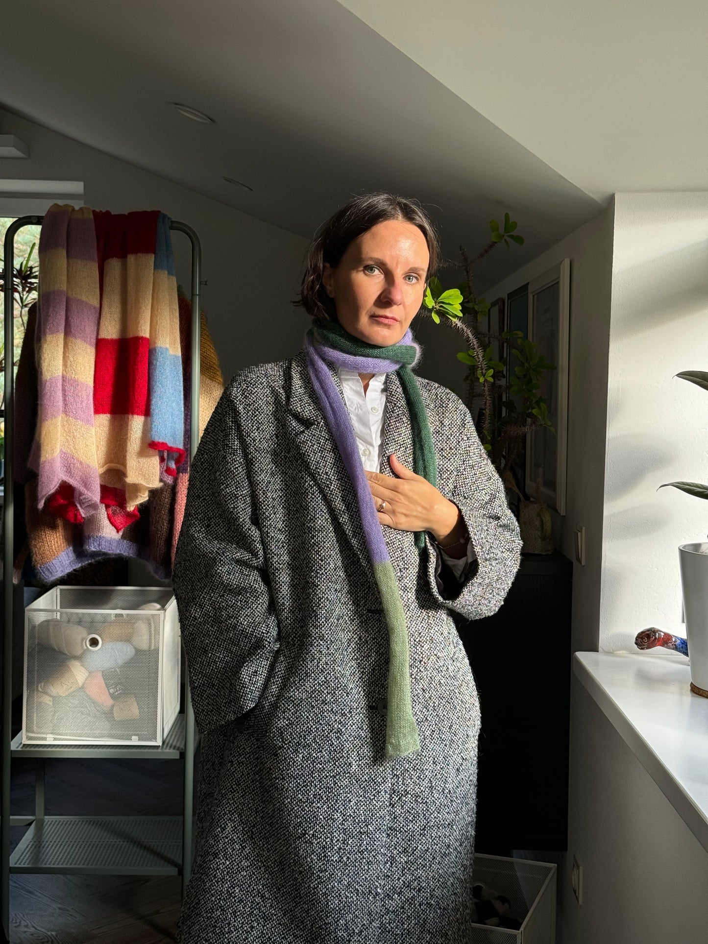 Skinny mohair scarf in green and purple shades