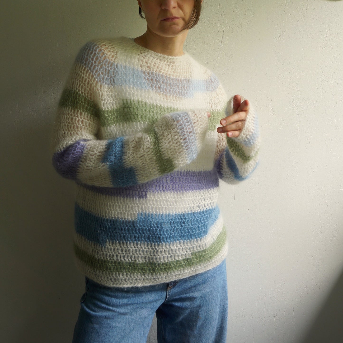 White crochet mohair sweater with stripes