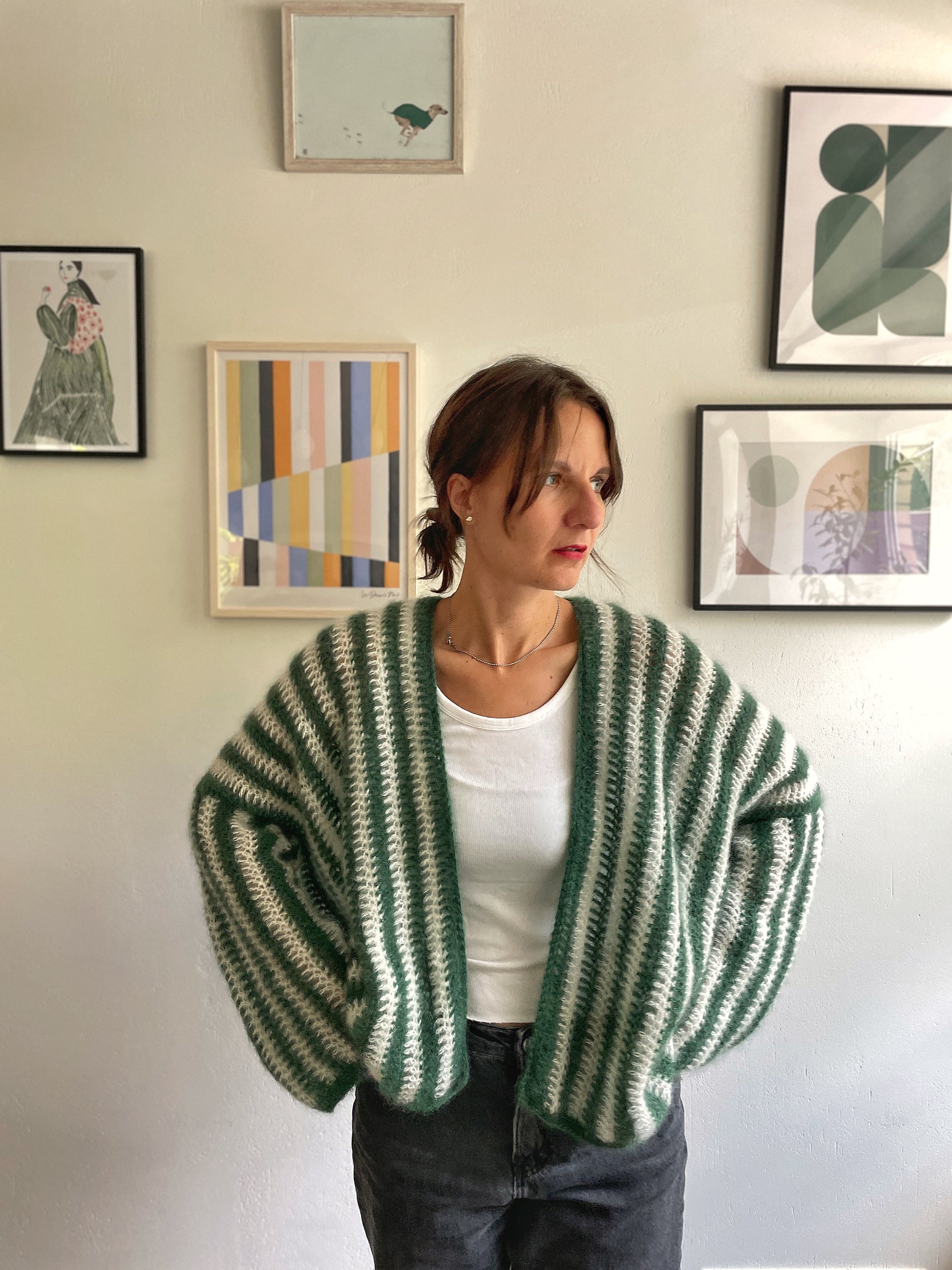 handmade crocheted white and dark green mohair cardigan wrap