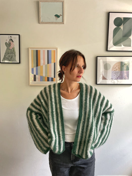 handmade crocheted white and dark green mohair cardigan wrap