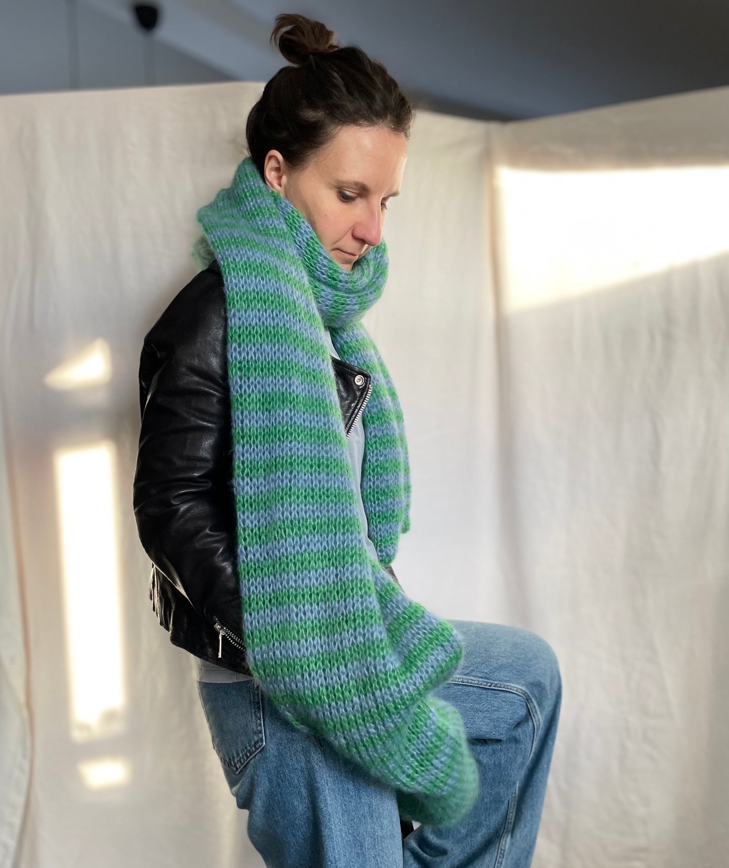 big chunky mohair scarf in thin green and blue stripes