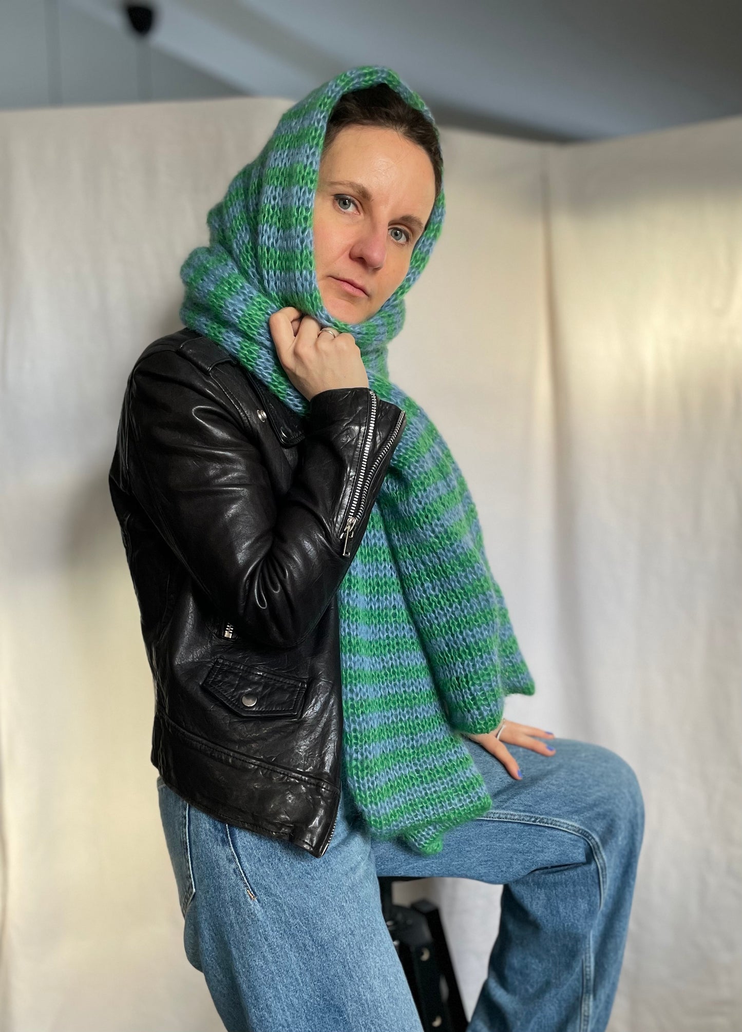 big chunky mohair scarf in thin green and blue stripes