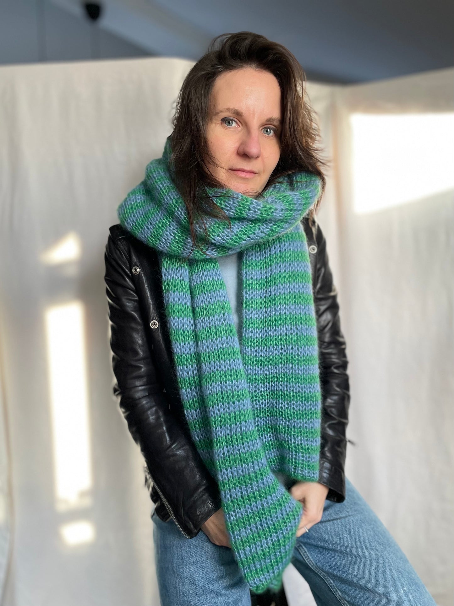 big chunky mohair scarf in thin green and blue stripes