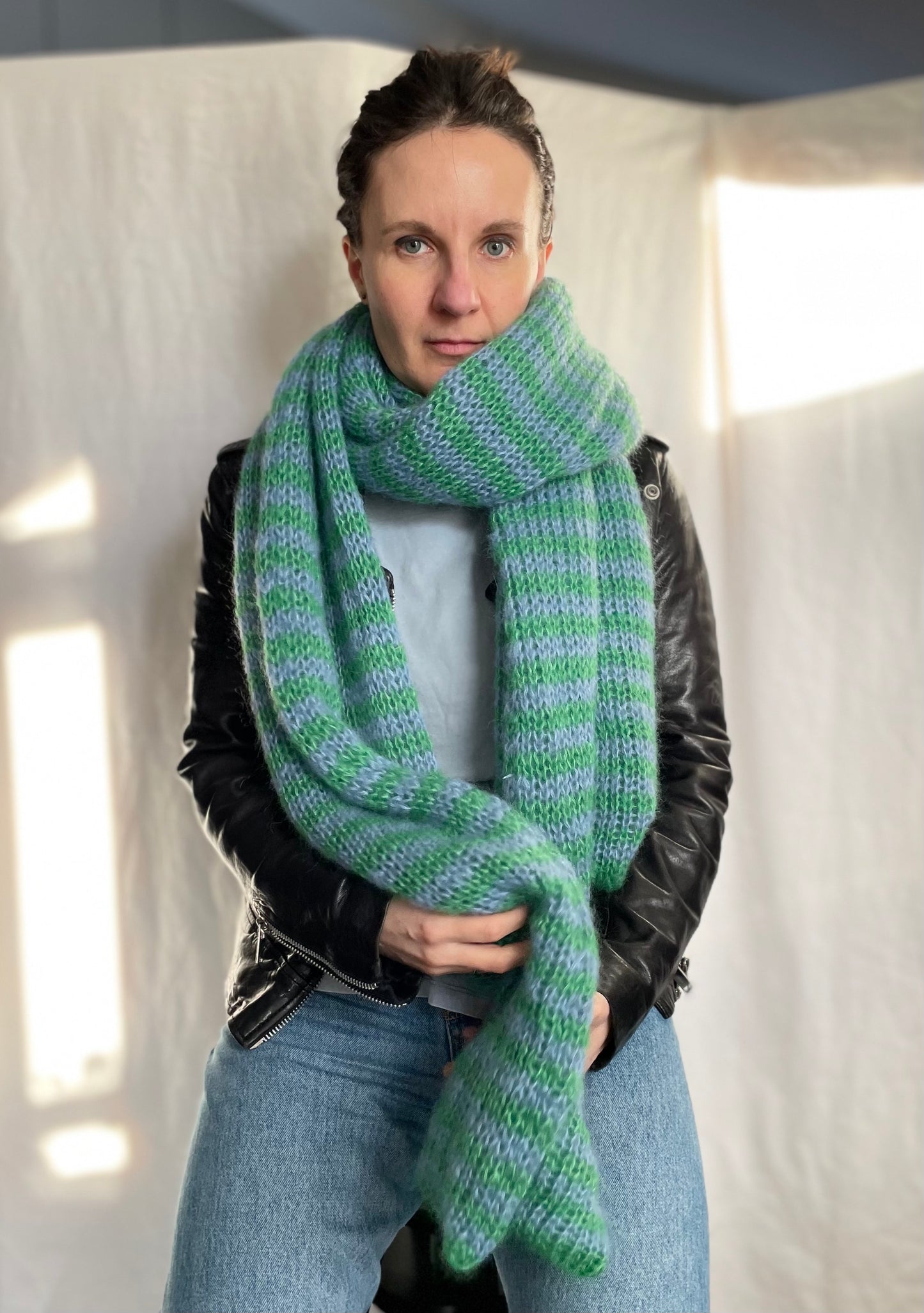 big chunky mohair scarf in thin green and blue stripes