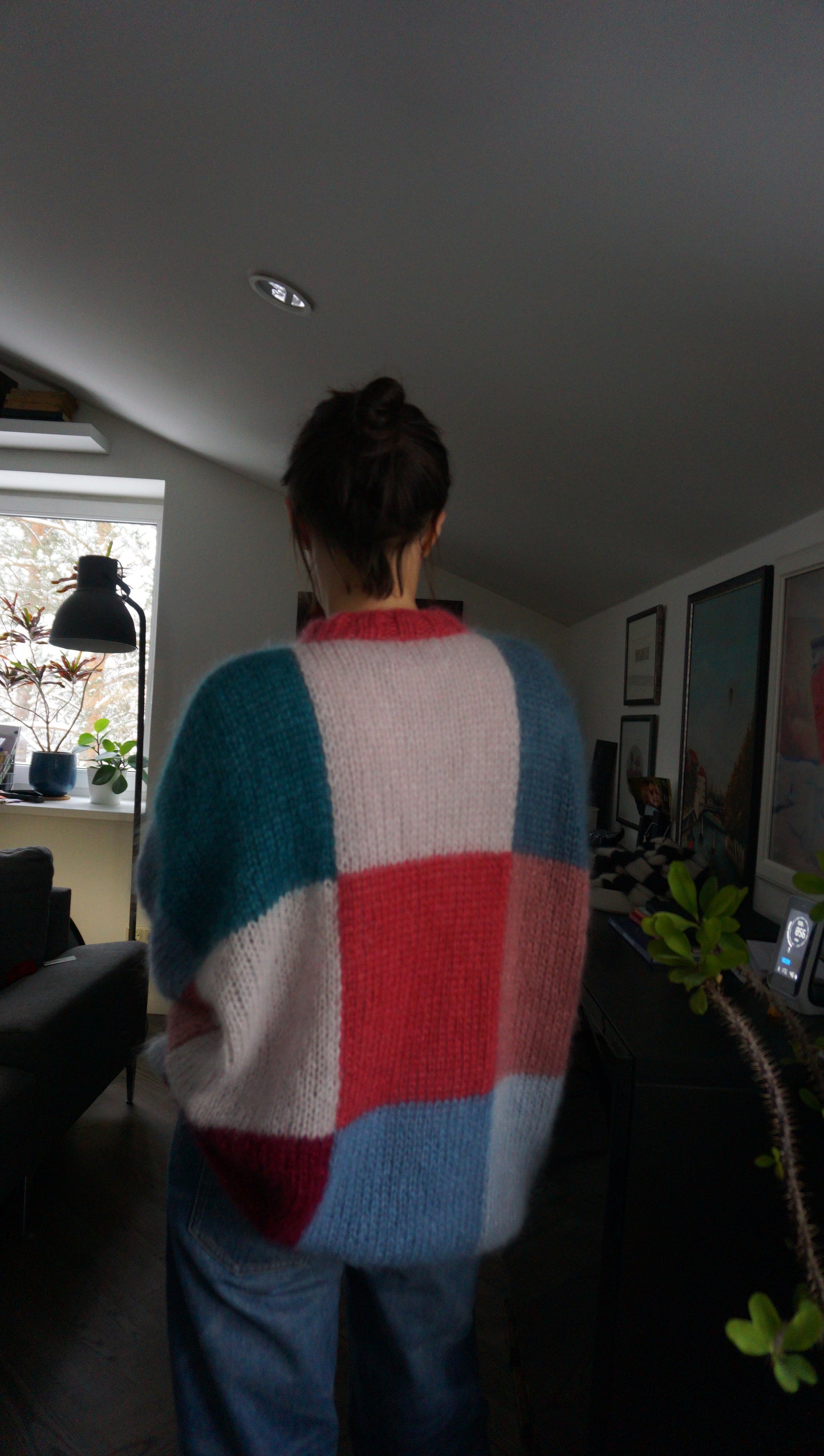 Knitted mohair sweater in pink and blue squares