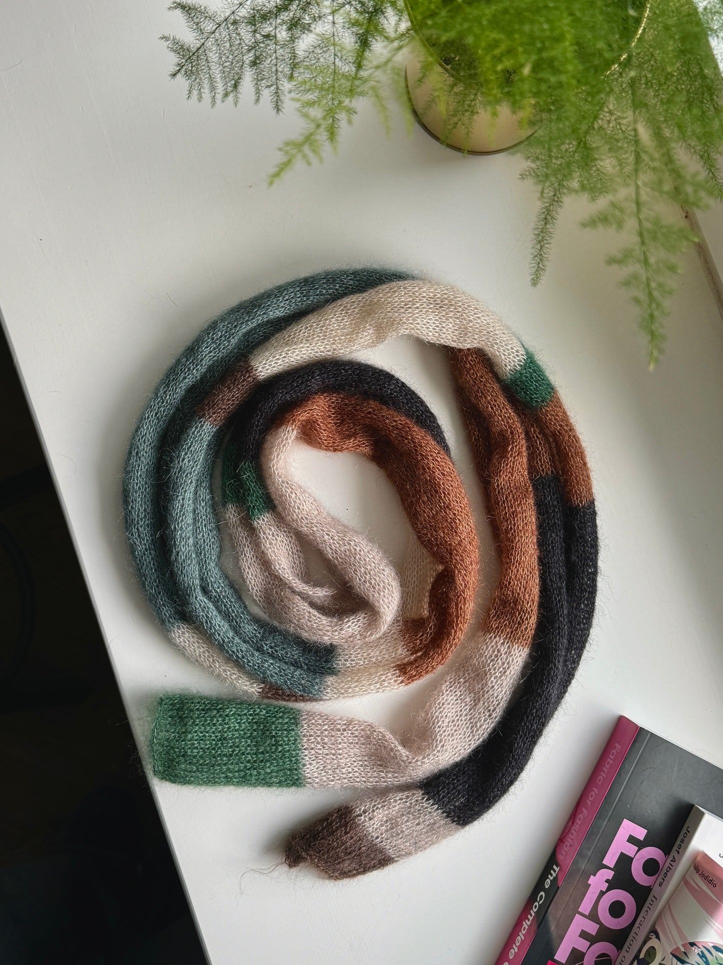 Skinny mohair scarf earthy colours stripes