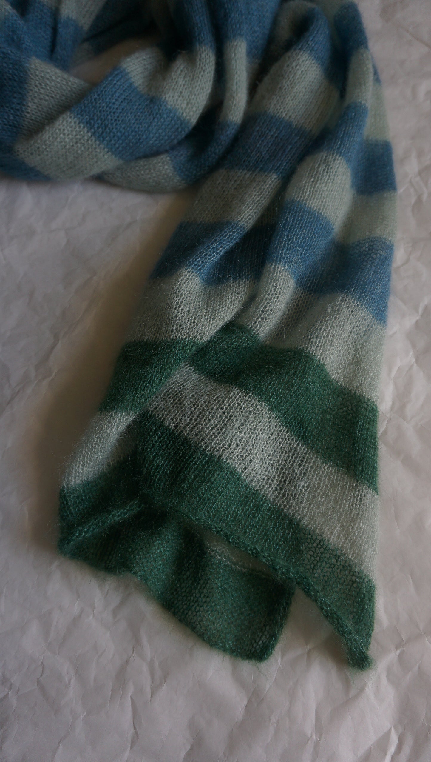 Thin wide mohair scarf in green blue shades