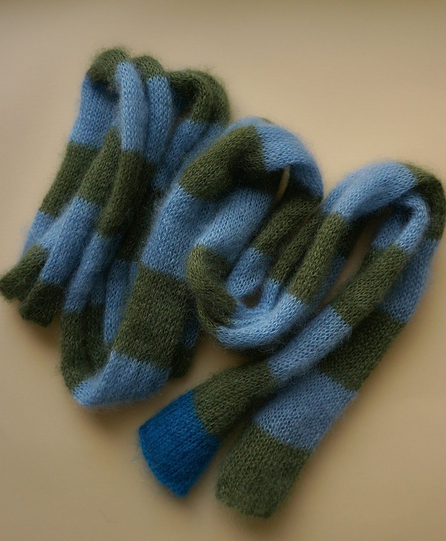 Skinny mohair scarf dark green and blue stripes