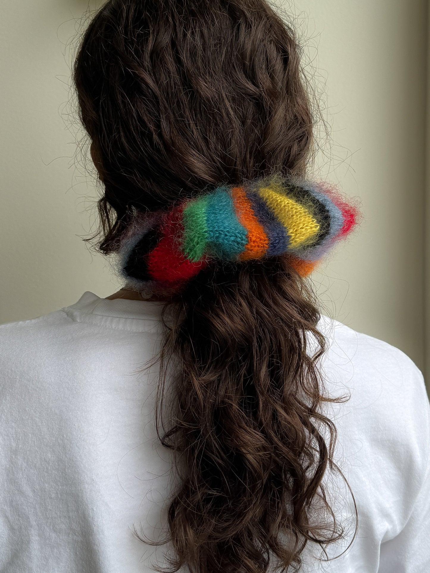 Multicolored striped knitted mohair scrunchie