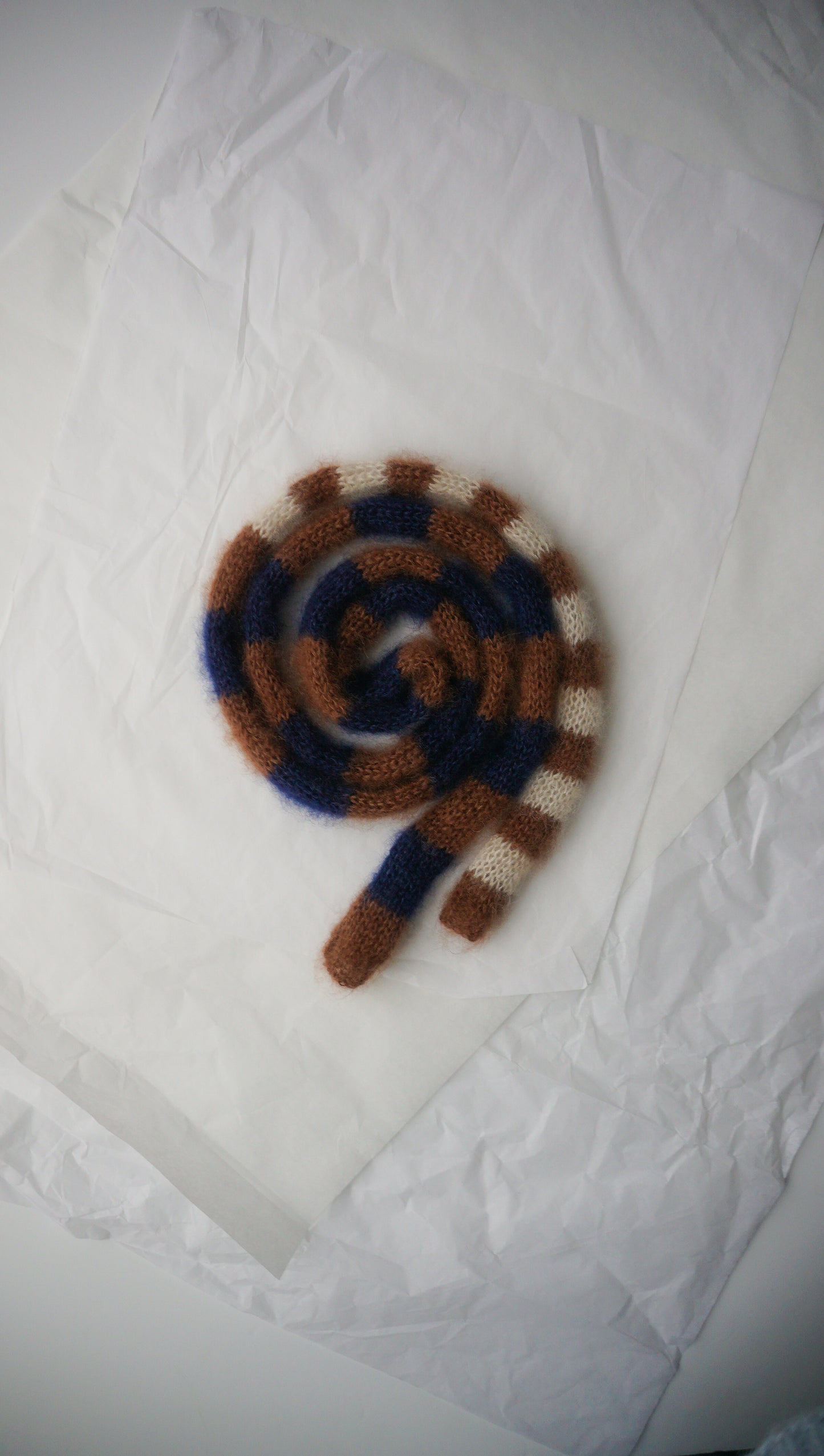 Small skinny mohair scarf blue brown ecru stripes