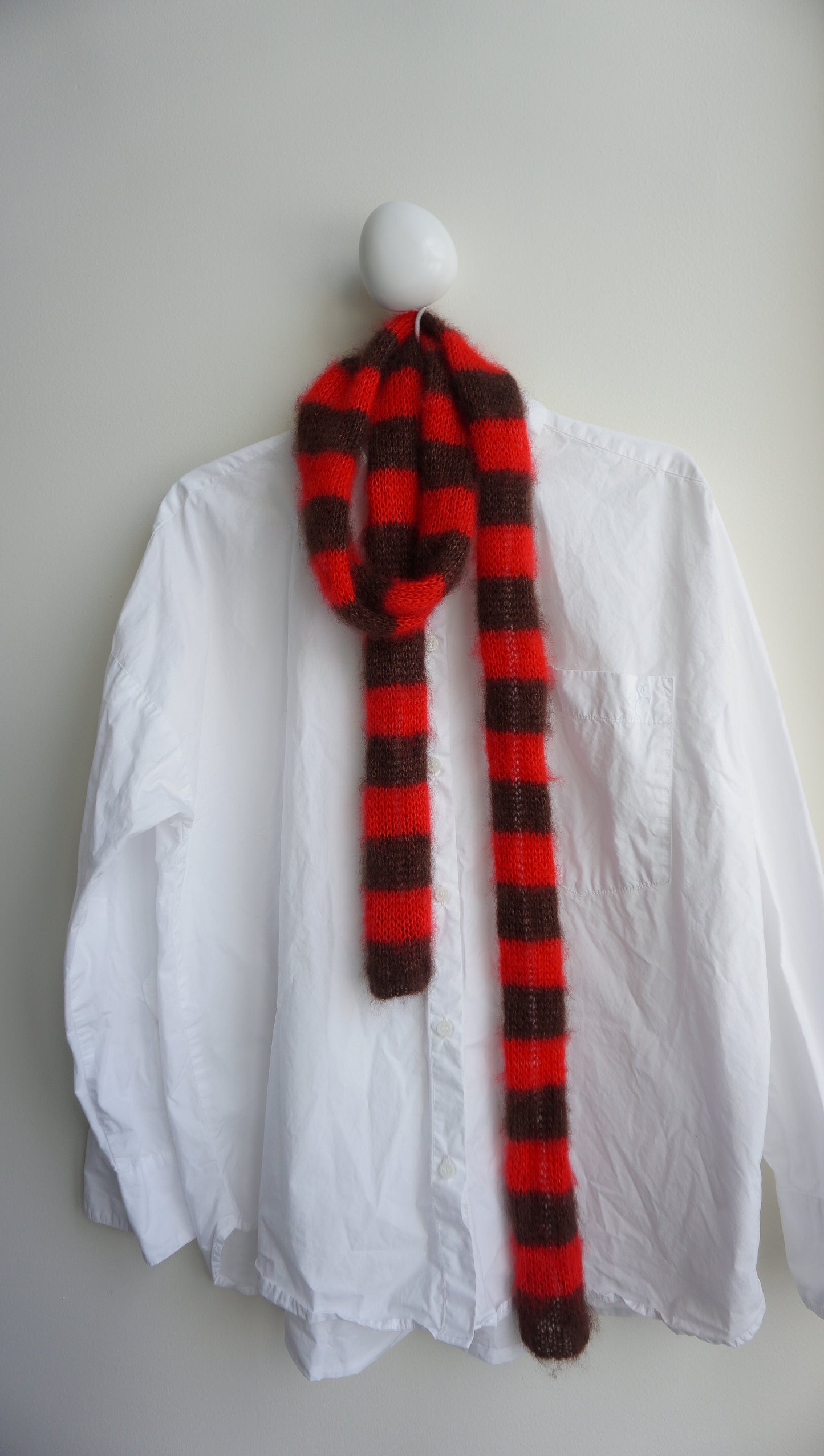 Slim mohair scarf dark brown and bright red stripes