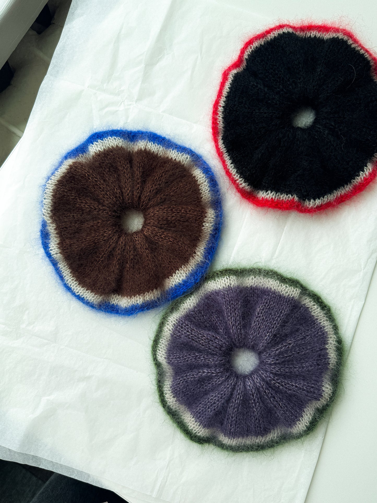 Brown knitted mohair scrunchie with bright blue trim