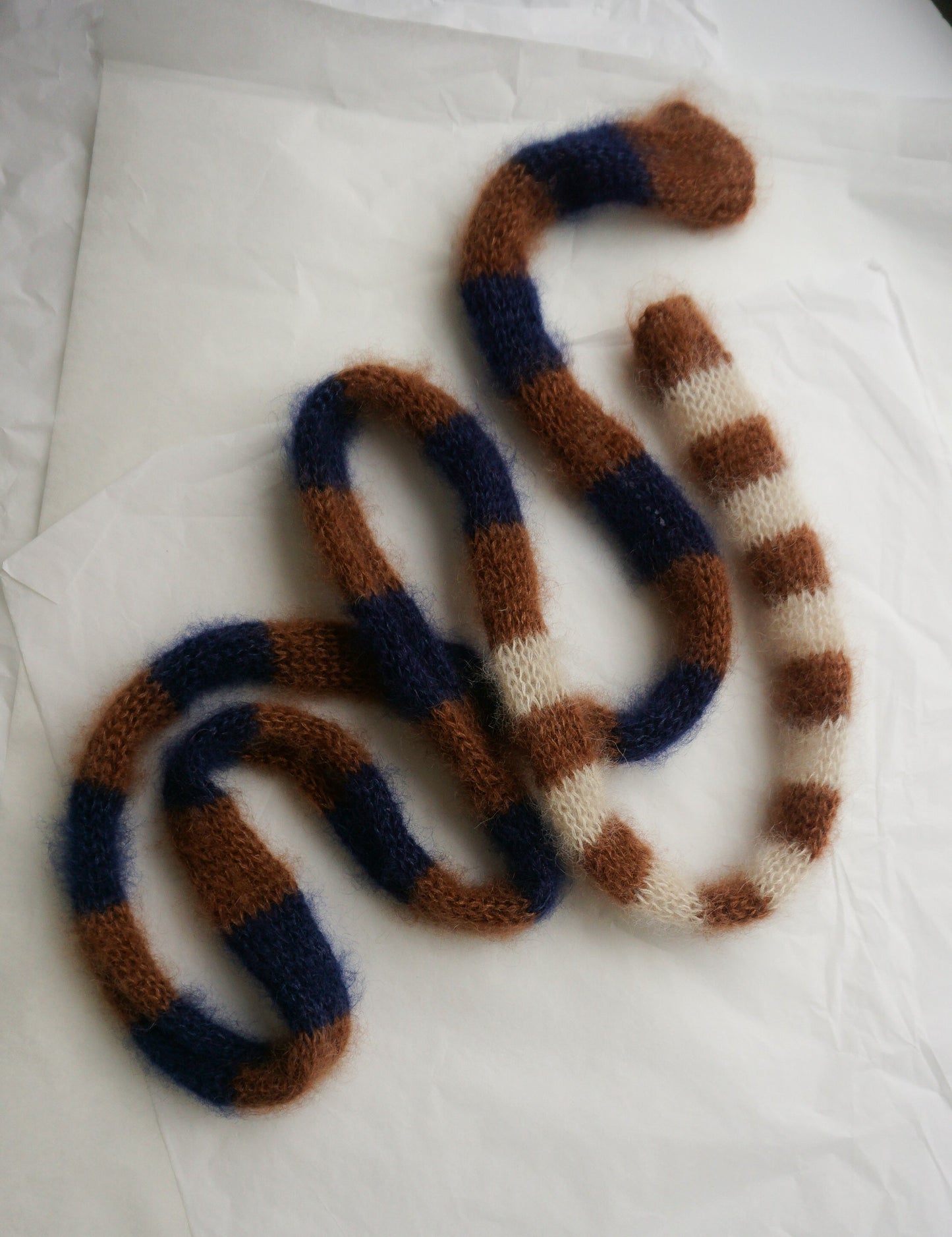 Small skinny mohair scarf blue brown ecru stripes