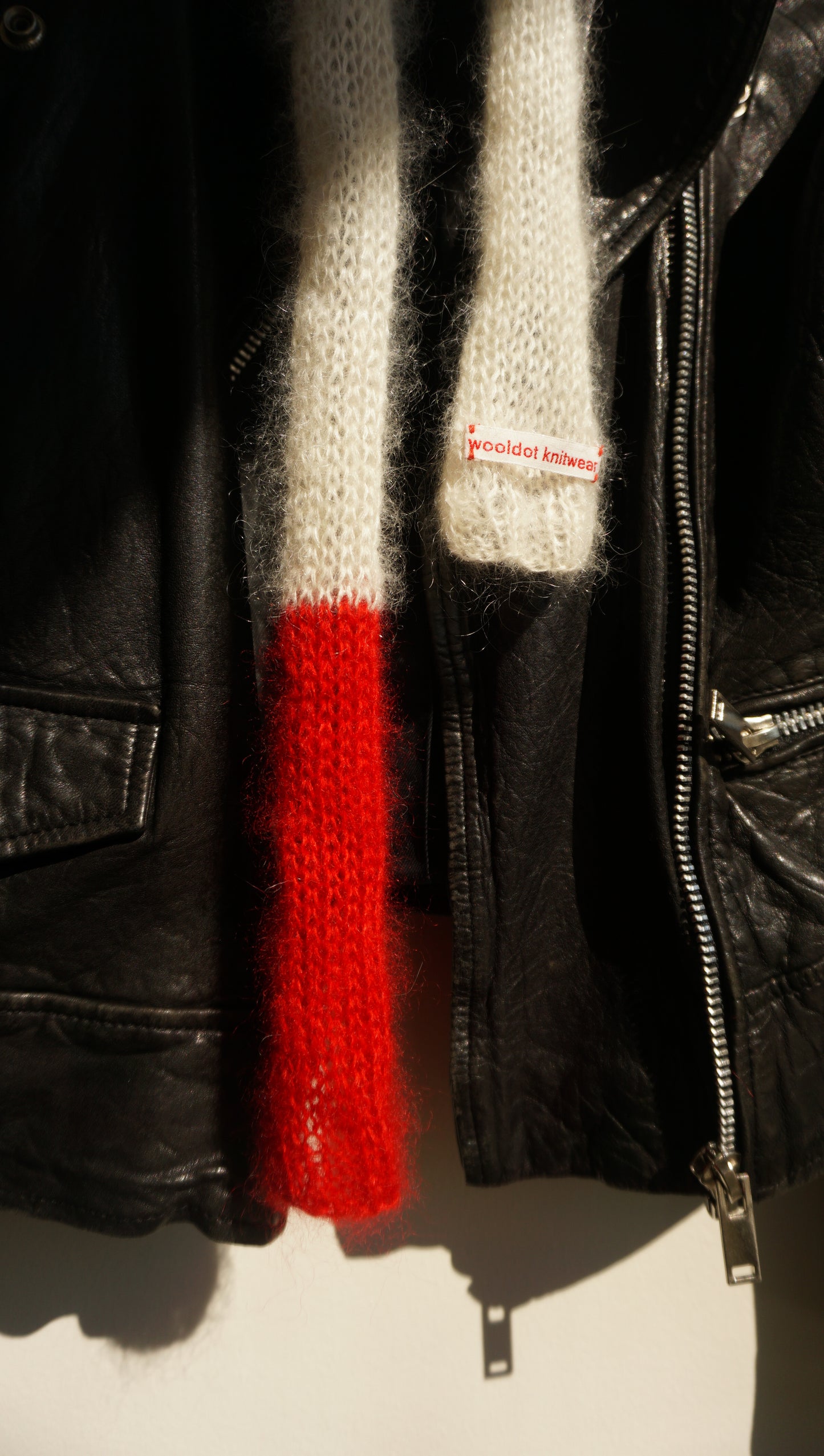 Small skinny white mohair scarf with bright red tip