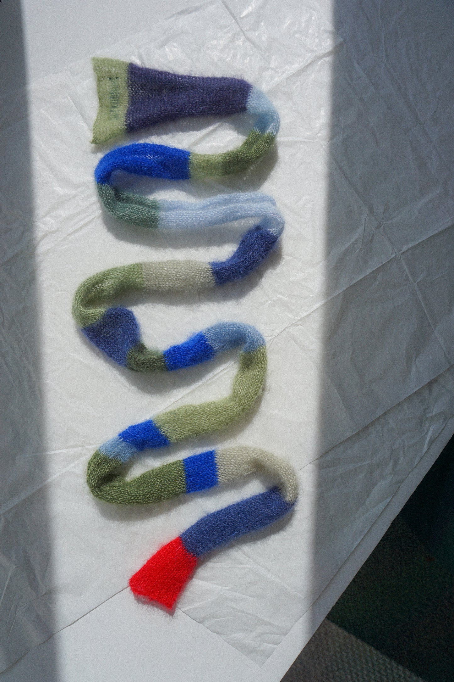 Small skinny mohair scarf blue green colors