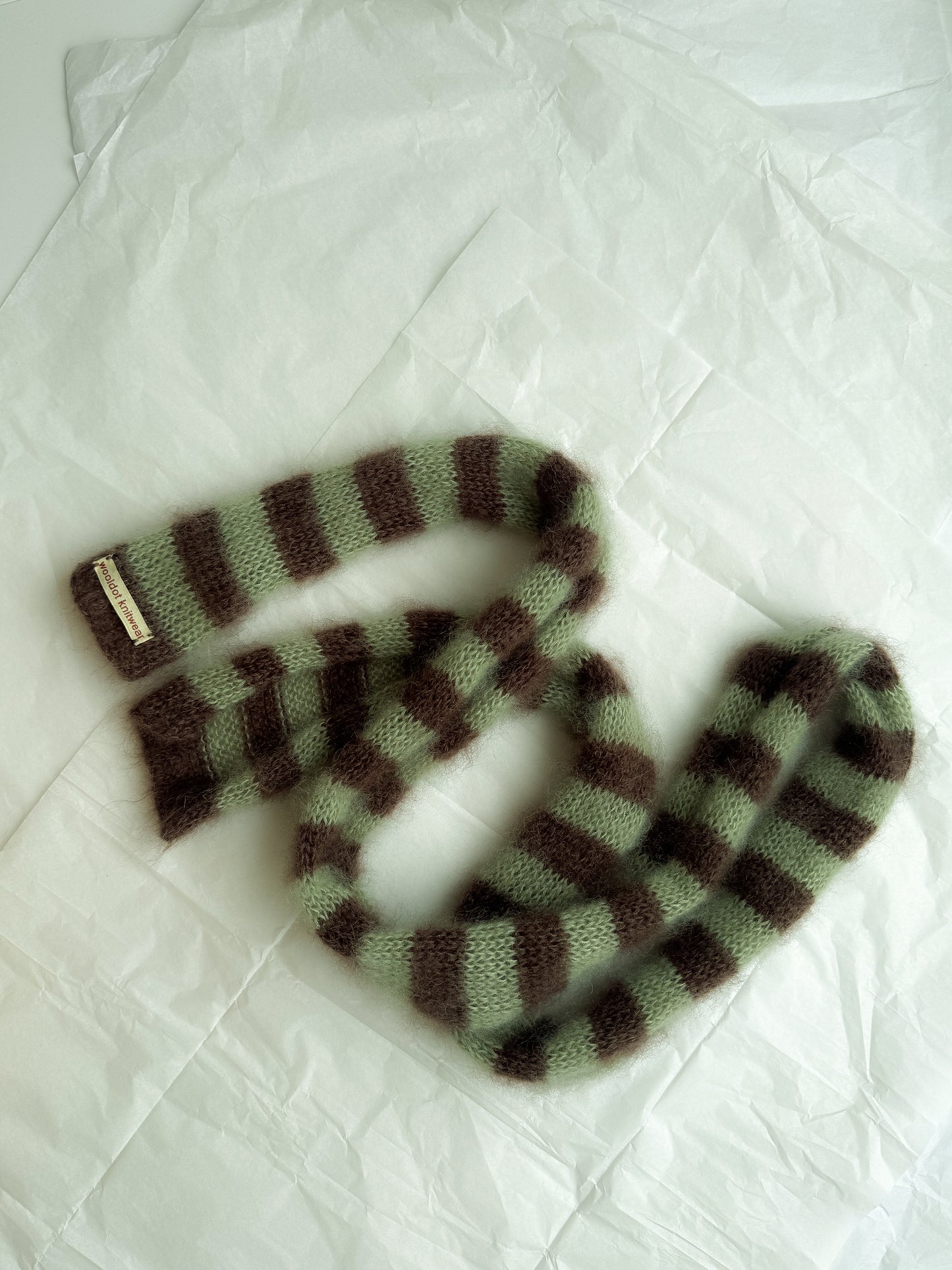 Slim mohair scarf brown and light green stripes