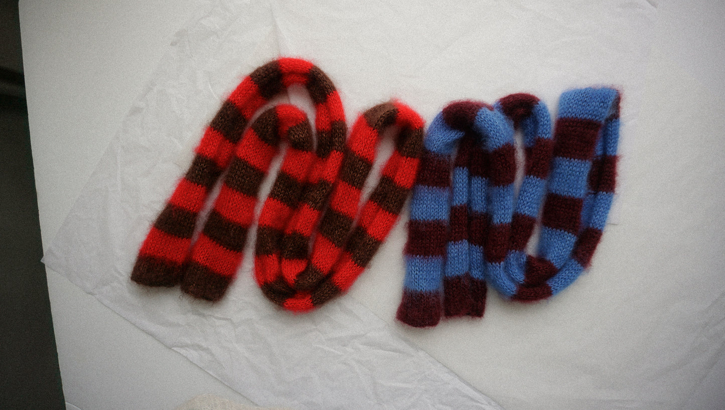Slim mohair scarf dark brown and bright red stripes