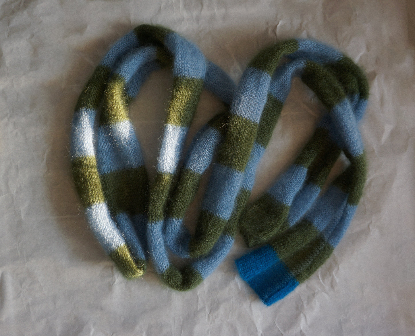 Skinny mohair scarf dark green and blue stripes