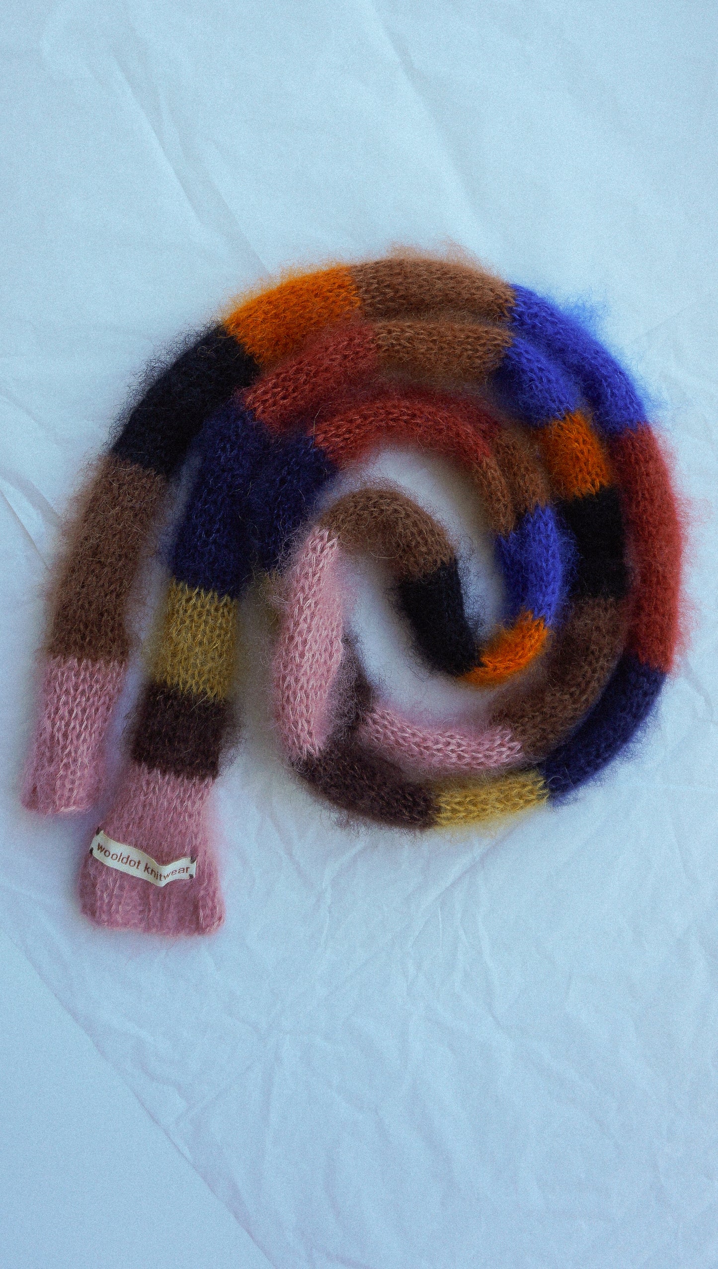 Small skinny mohair scarf blue brown orange stripes