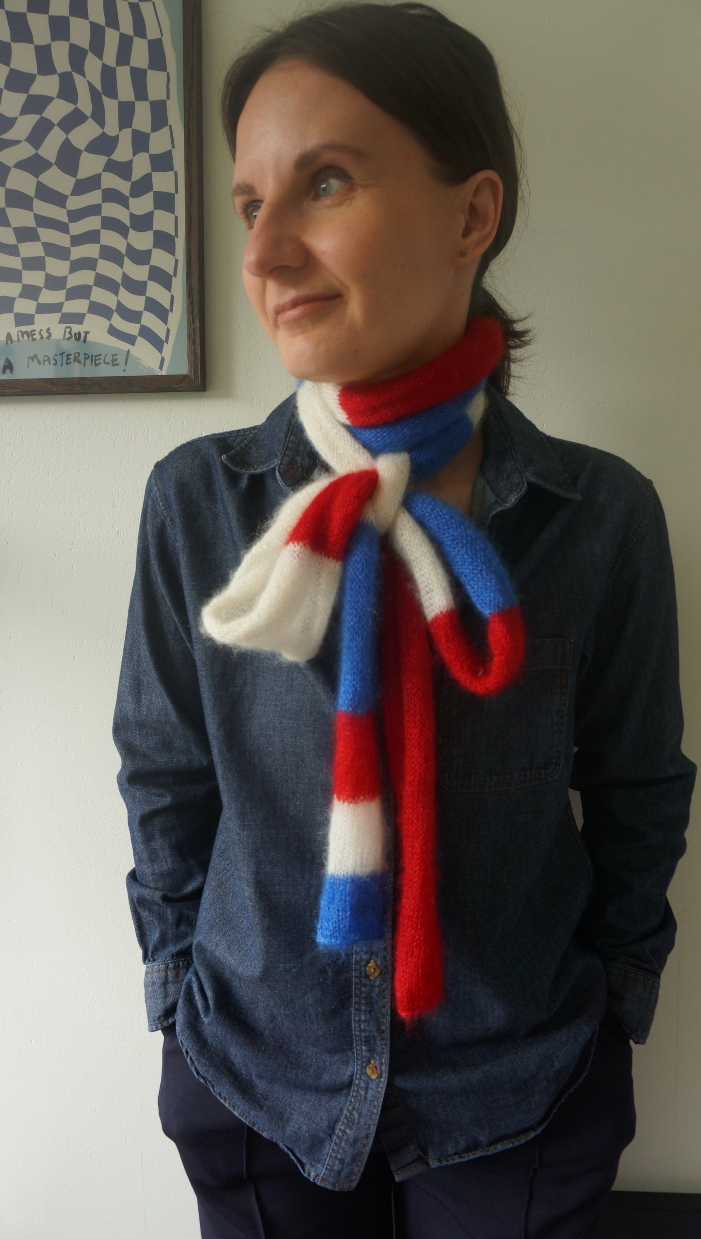 Skinny long mohair scarf white, blue and red stripes