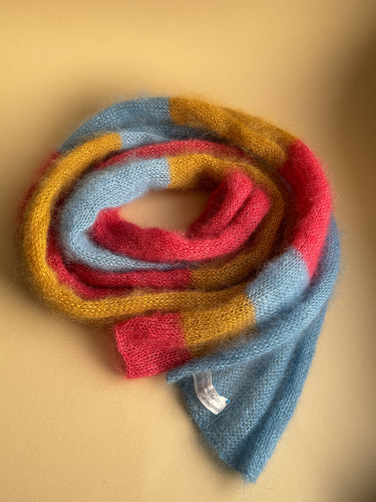 Skinny mohair scarf blue pink and dark yellow stripes