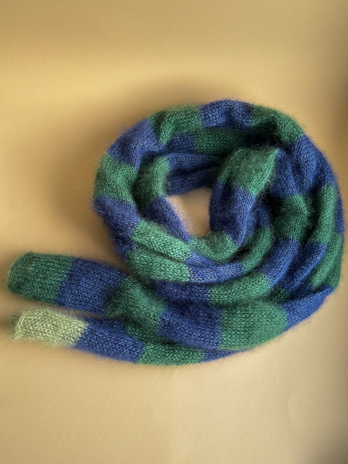 Skinny mohair scarf dark green and blue stripes