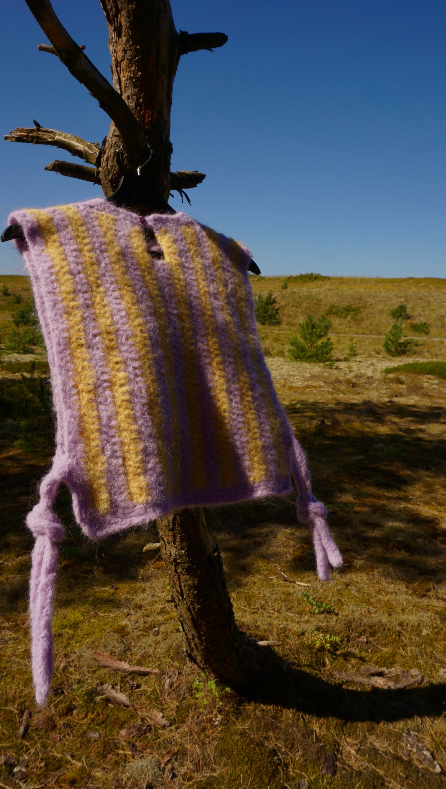 Fluffy striped crochet vest in yellow and purple