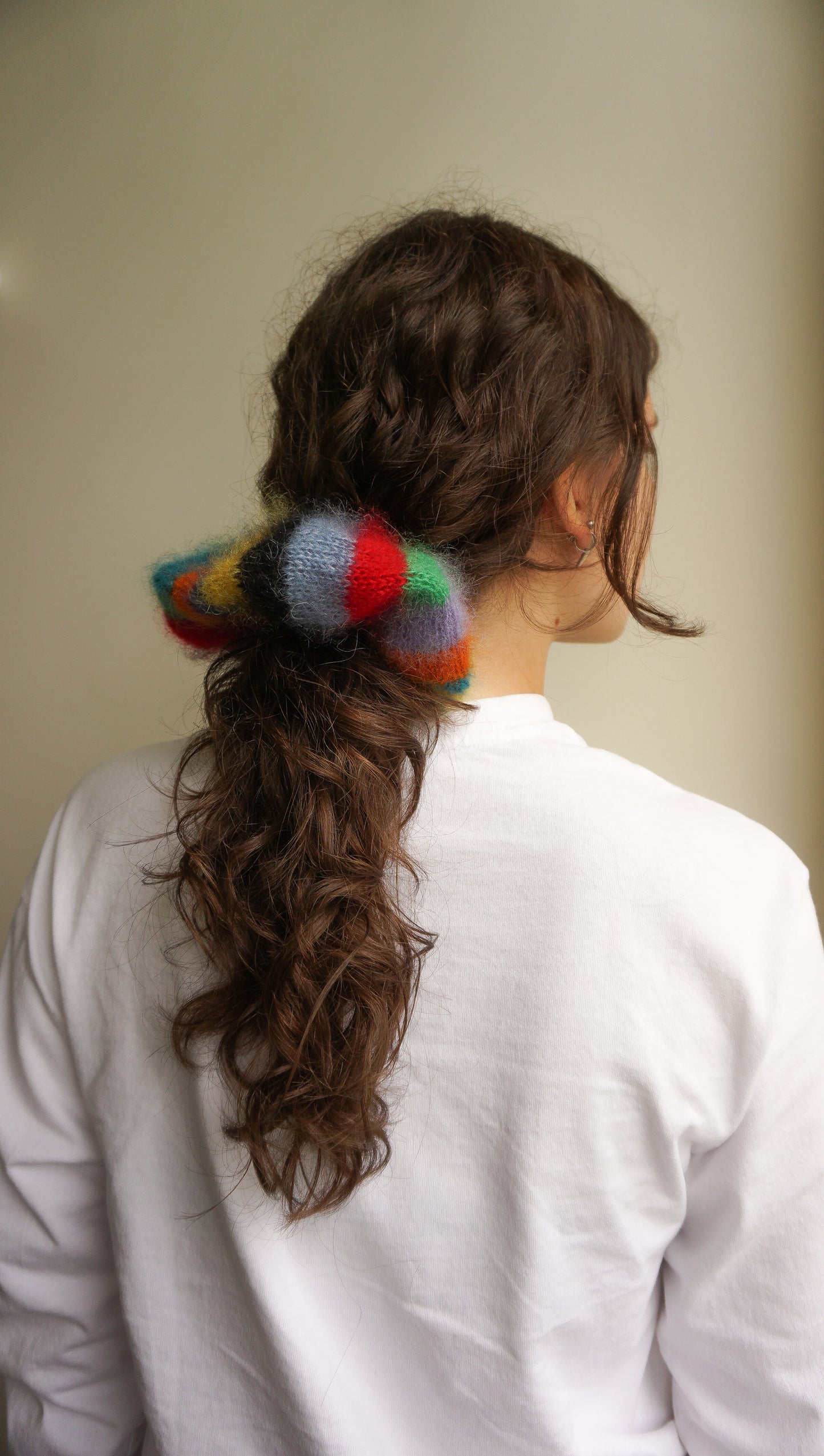 Multicolored striped knitted mohair scrunchie