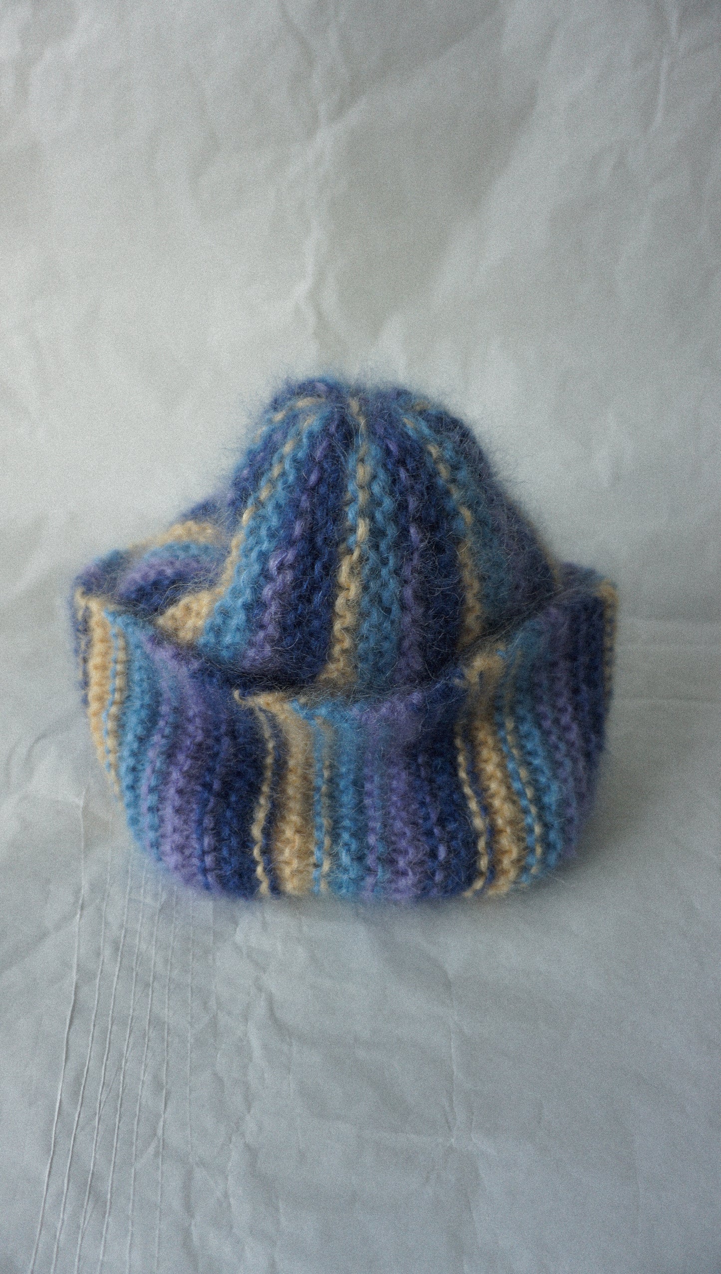 Colorful mohair beanie in blue purple and yellow stripes