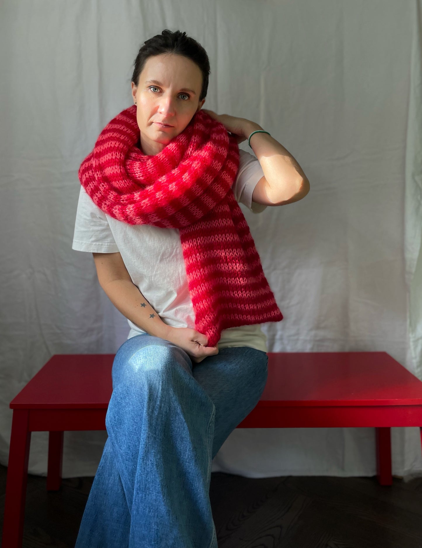 Big chunky striped mohair scarf in red and pink colors