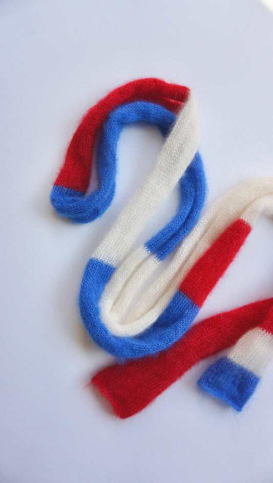 Skinny long mohair scarf white, blue and red stripes